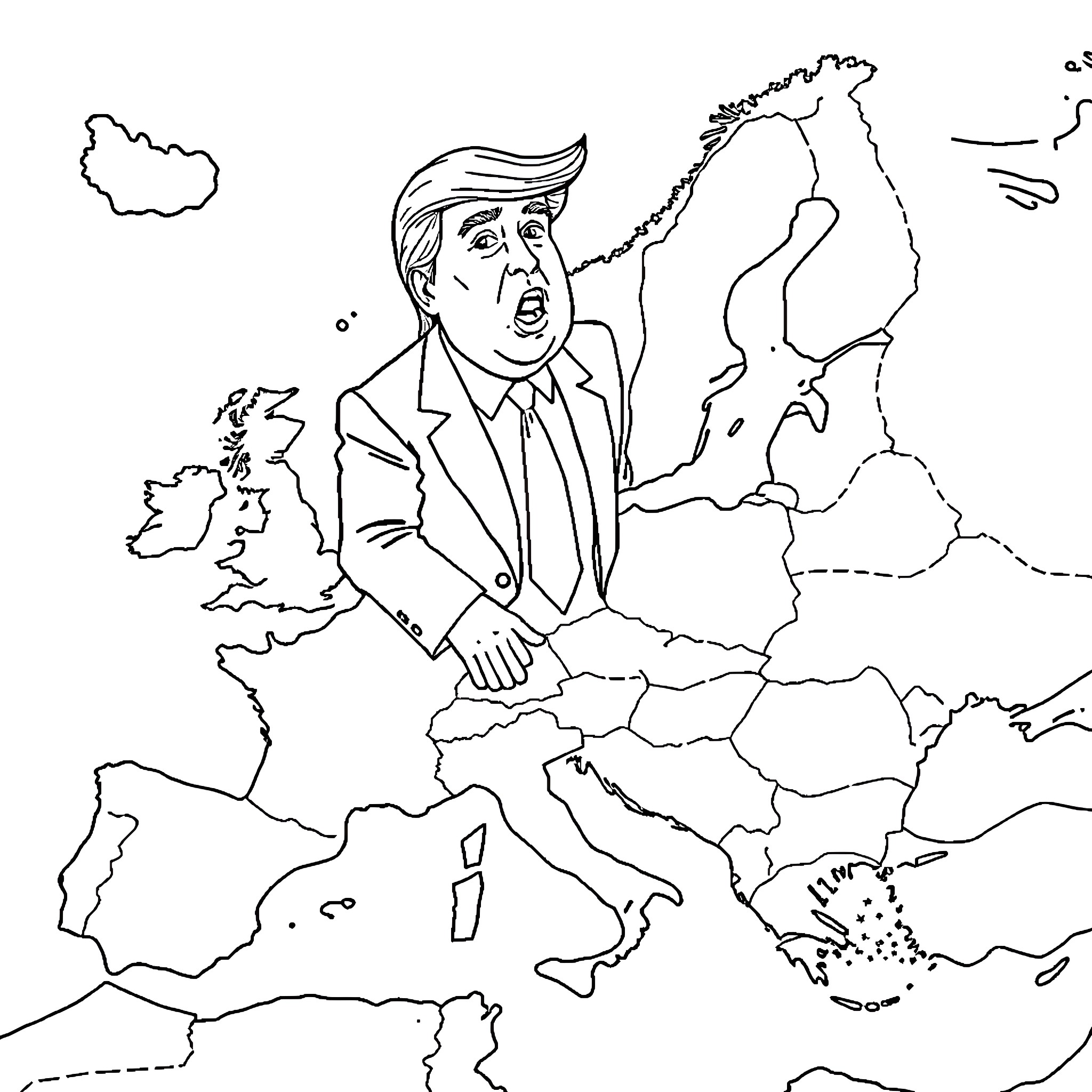 Trump gesturing angrily on a map of Europe Coloring Page (free black-and-white line drawing printable PDF for all, from beginners to advanced learners, including children, teens, adults, and seniors)