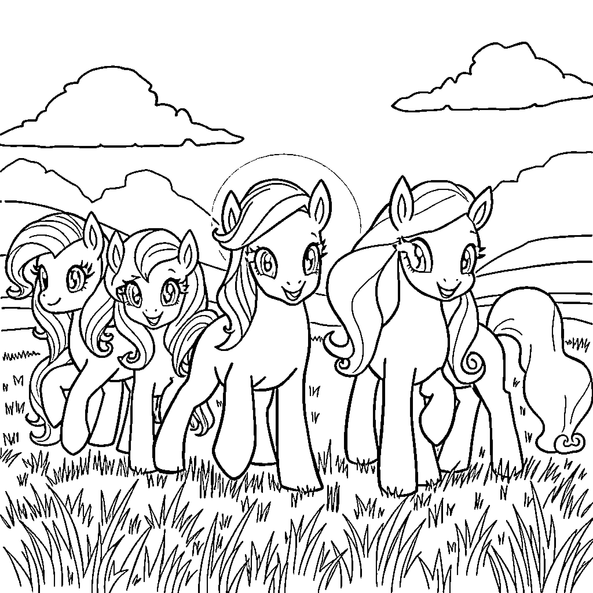 Pony friends enjoying a scenic outdoor gathering Coloring Page (free black-and-white line drawing printable PDF for all, from beginners to advanced learners, including children, teens, adults, and seniors)