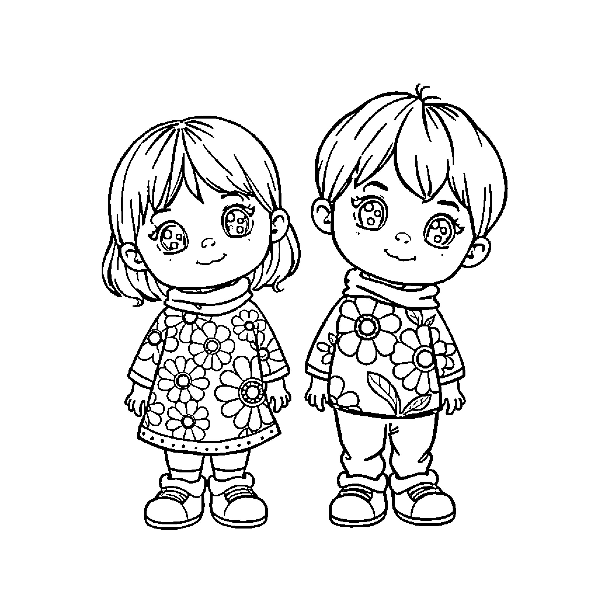 Flower-Patterned Children Playing Together Coloring Page (free black-and-white line drawing printable PDF for all, from beginners to advanced learners, including children, teens, adults, and seniors)