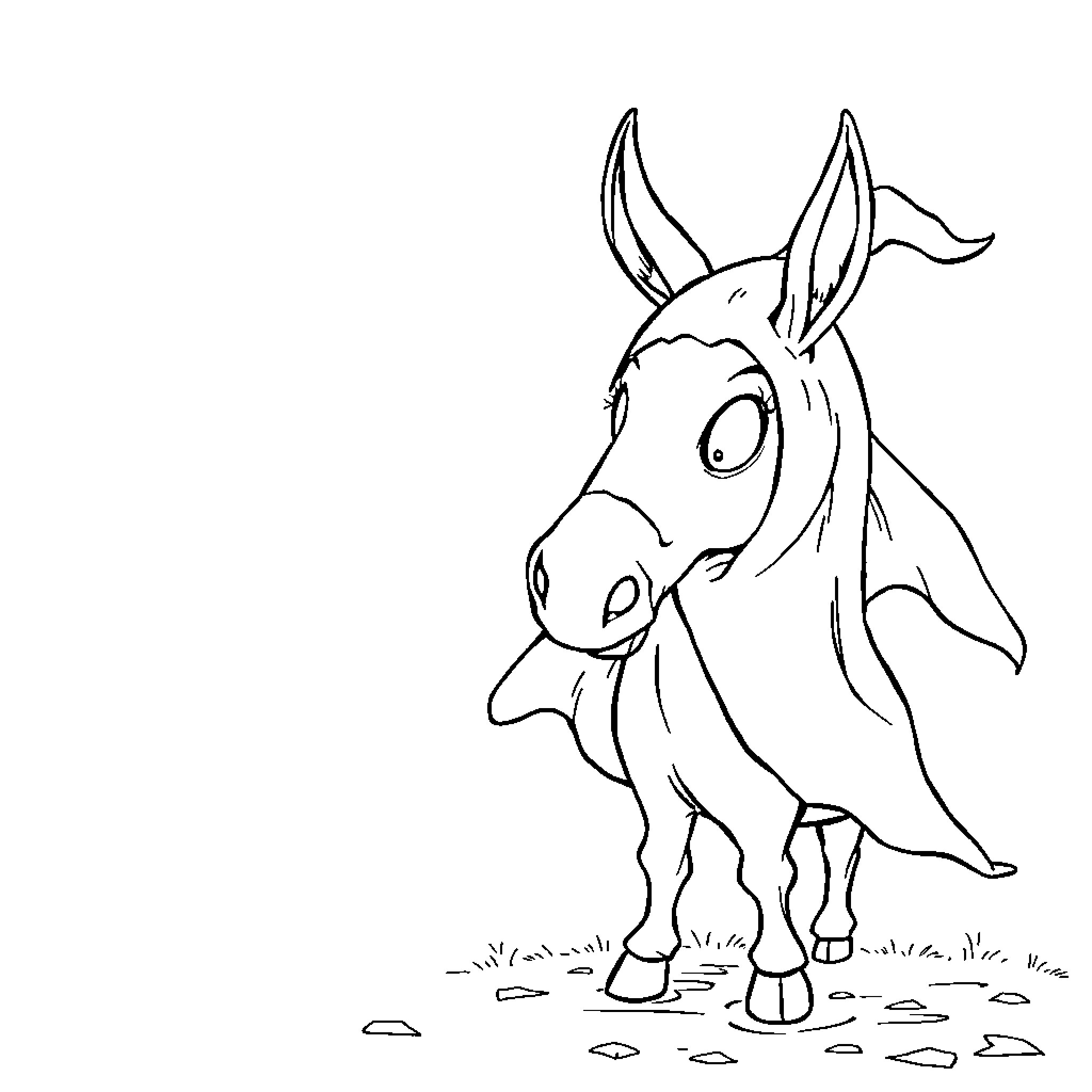 Donkey standing curiously on a dirt path Coloring Page (free black-and-white line drawing printable PDF for all, from beginners to advanced learners, including children, teens, adults, and seniors)