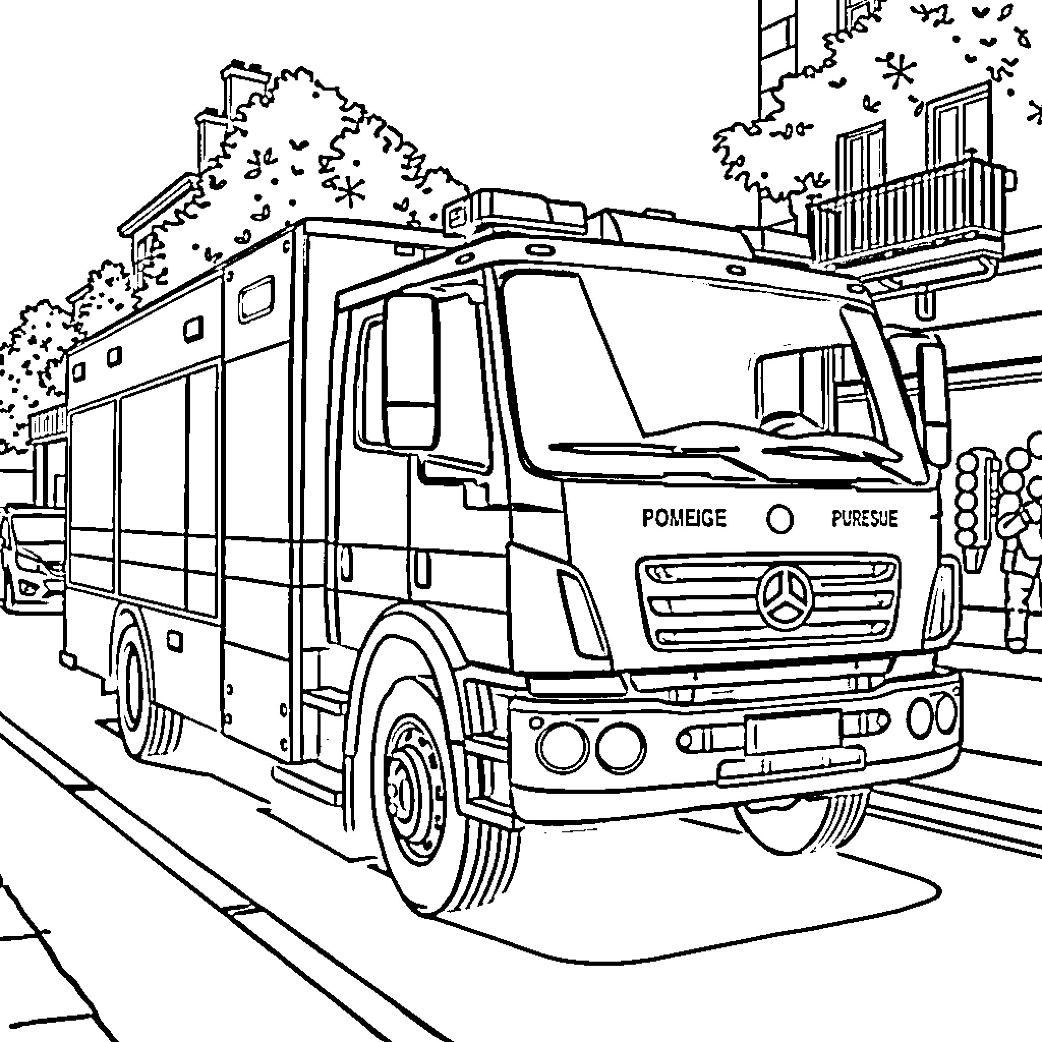 Fire Truck Responding to Emergency Call Coloring Page (free black-and-white line drawing printable PDF for all, from beginners to advanced learners, including children, teens, adults, and seniors)