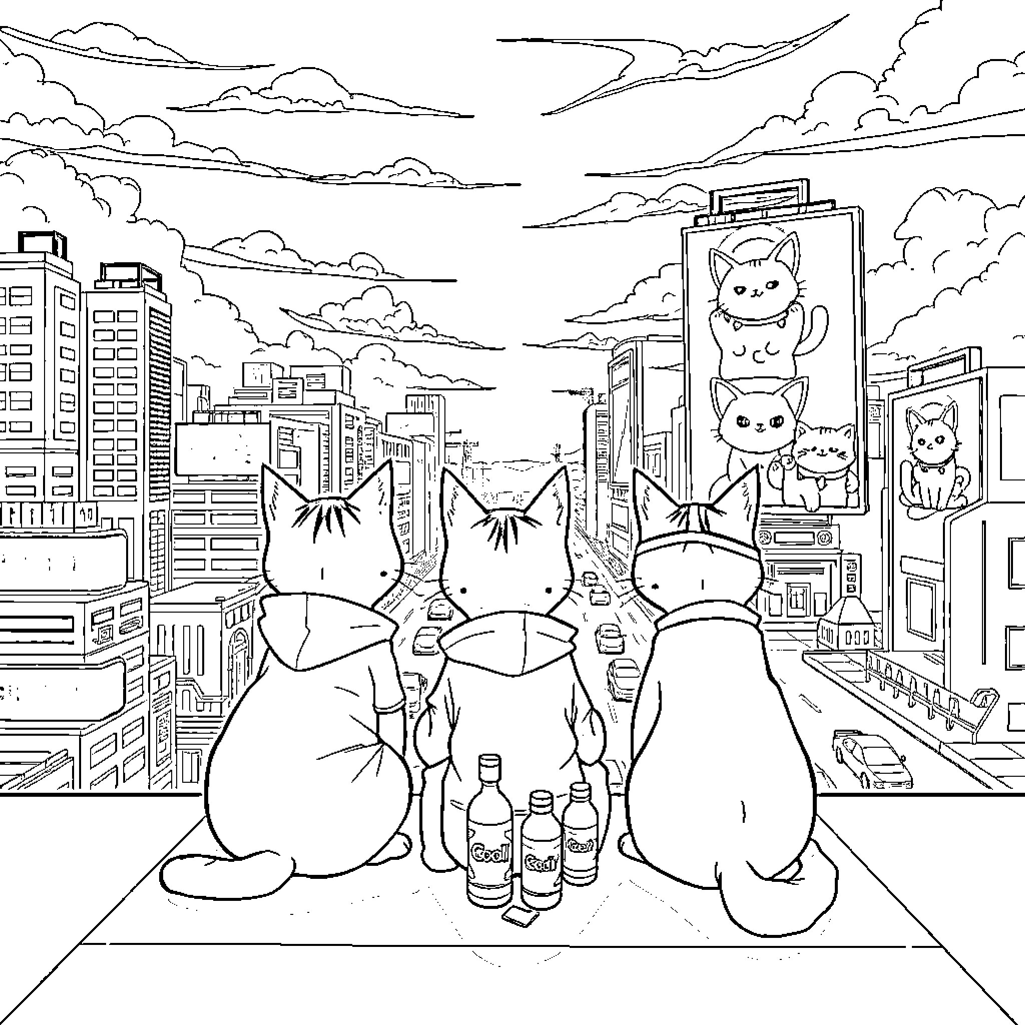 Cats observing the city skyline Coloring Page (free black-and-white line drawing printable PDF for all, from beginners to advanced learners, including children, teens, adults, and seniors)