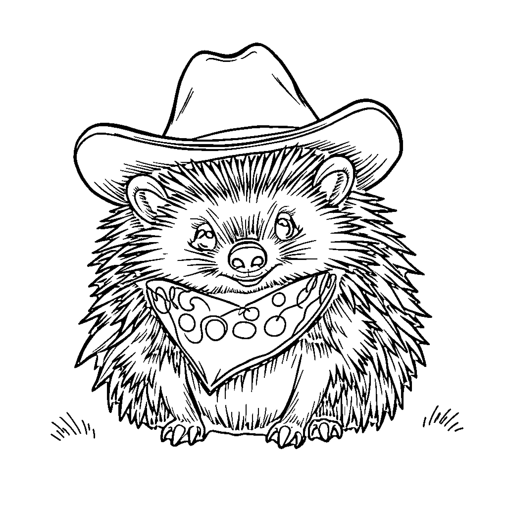 Hedgehog Wearing Cowboy Hat Coloring Page (free black-and-white line drawing printable PDF for all, from beginners to advanced learners, including children, teens, adults, and seniors)