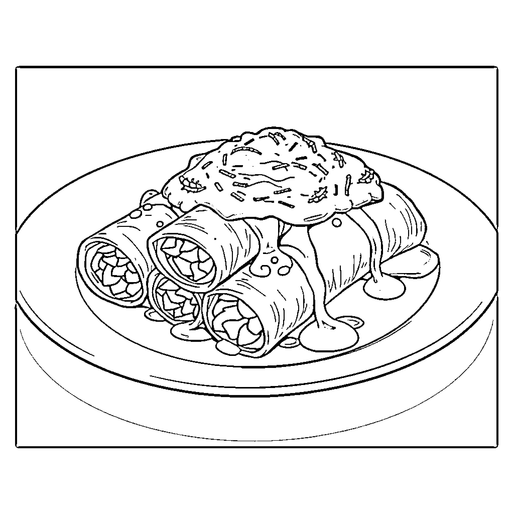 Dragon-themed dish with savory rolls and garnishes Coloring Page (free black-and-white line drawing printable PDF for all, from beginners to advanced learners, including children, teens, adults, and seniors)