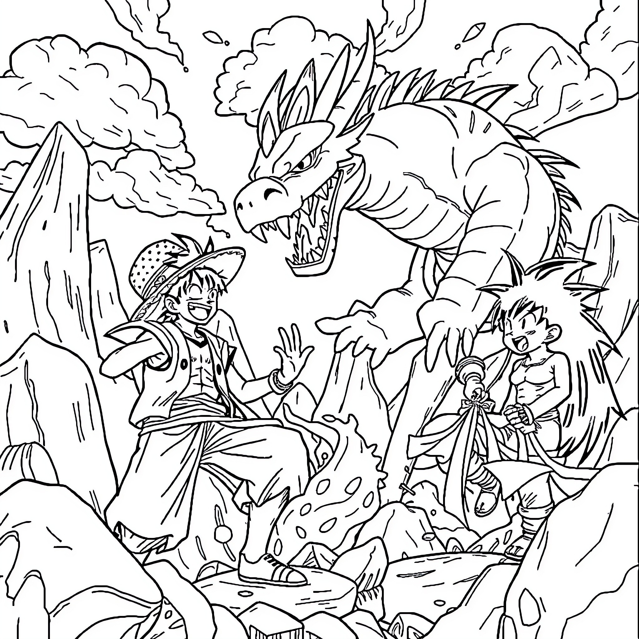One Piece: Heroes Facing a Fierce Dragon Coloring Page (free black-and-white line drawing printable PDF for all, from beginners to advanced learners, including children, teens, adults, and seniors)