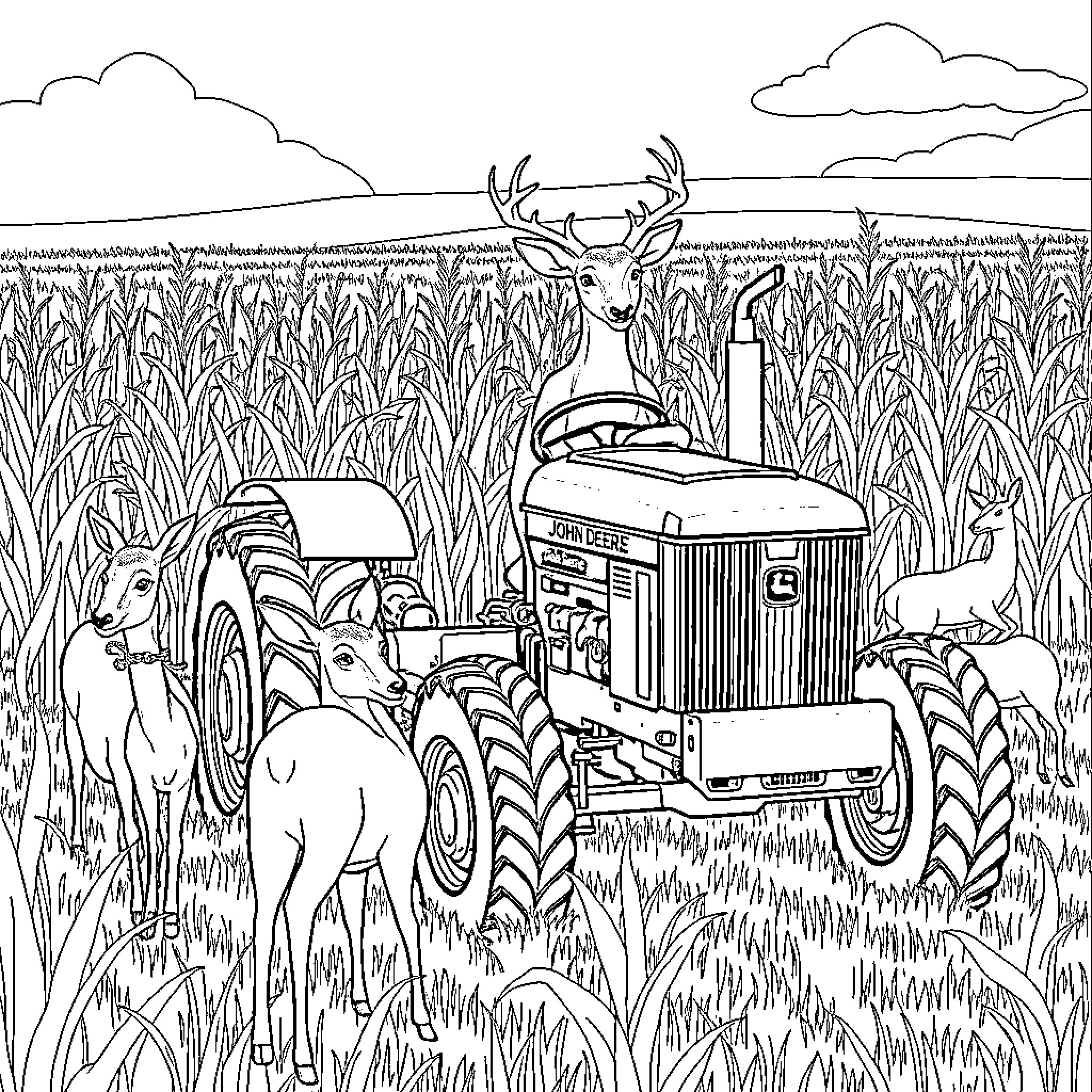 Deer watching tractor in the cornfield Coloring Page (free black-and-white line drawing printable PDF for all, from beginners to advanced learners, including children, teens, adults, and seniors)