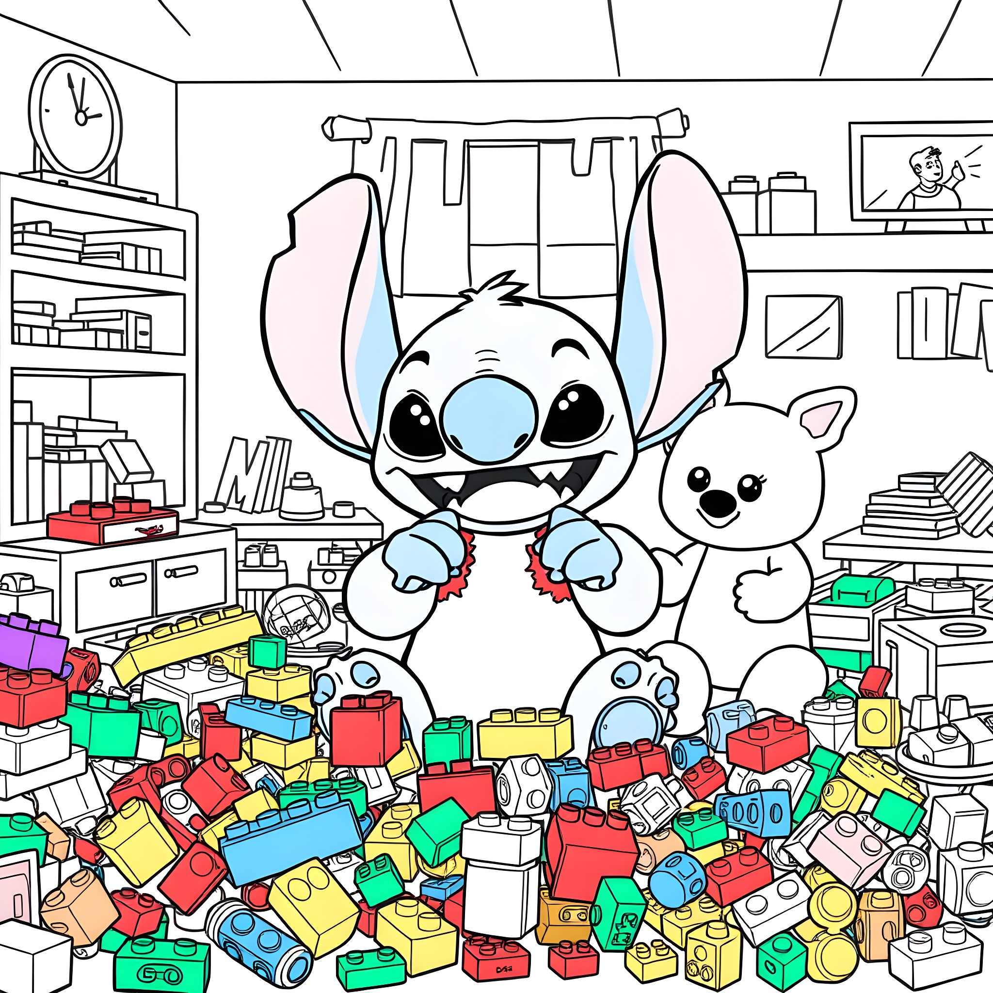 Stitch and Angel playing in a colorful toy room Coloring Page (free black-and-white line drawing printable PDF for all, from beginners to advanced learners, including children, teens, adults, and seniors)