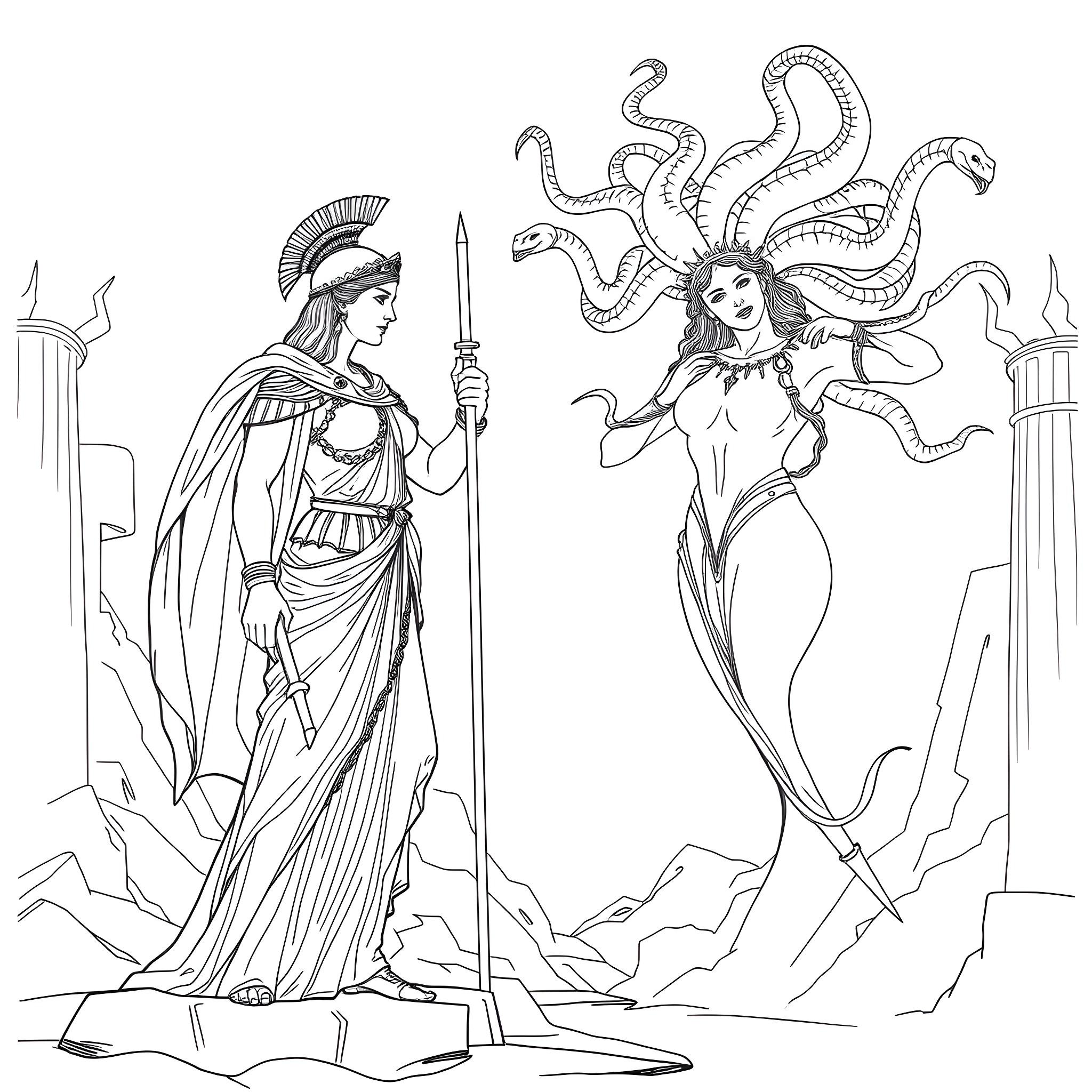 Goddess of War and Goddess of Monsters in Battle Coloring Page (free black-and-white line drawing printable PDF for all, from beginners to advanced learners, including children, teens, adults, and seniors)