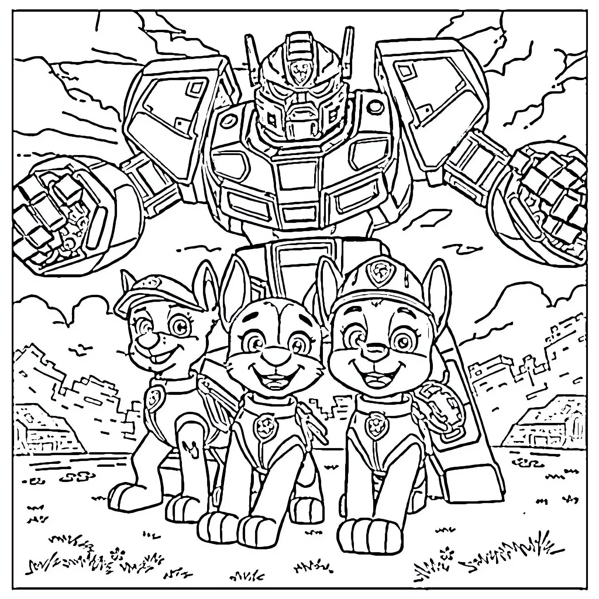 Paw Patrol Kids with Giant Robot in the City Coloring Page (free black-and-white line drawing printable PDF for all, from beginners to advanced learners, including children, teens, adults, and seniors)