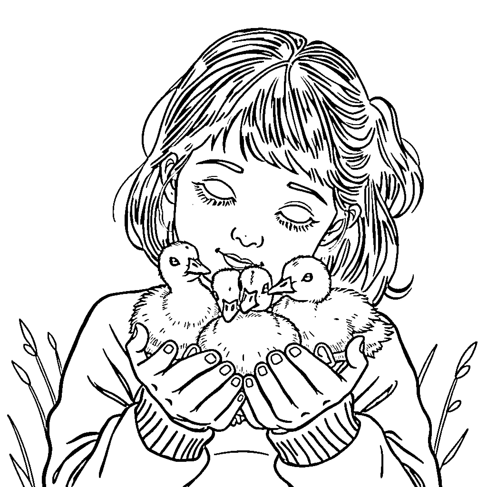 Duck embracing baby ducks affectionately Coloring Page (free black-and-white line drawing printable PDF for all, from beginners to advanced learners, including children, teens, adults, and seniors)