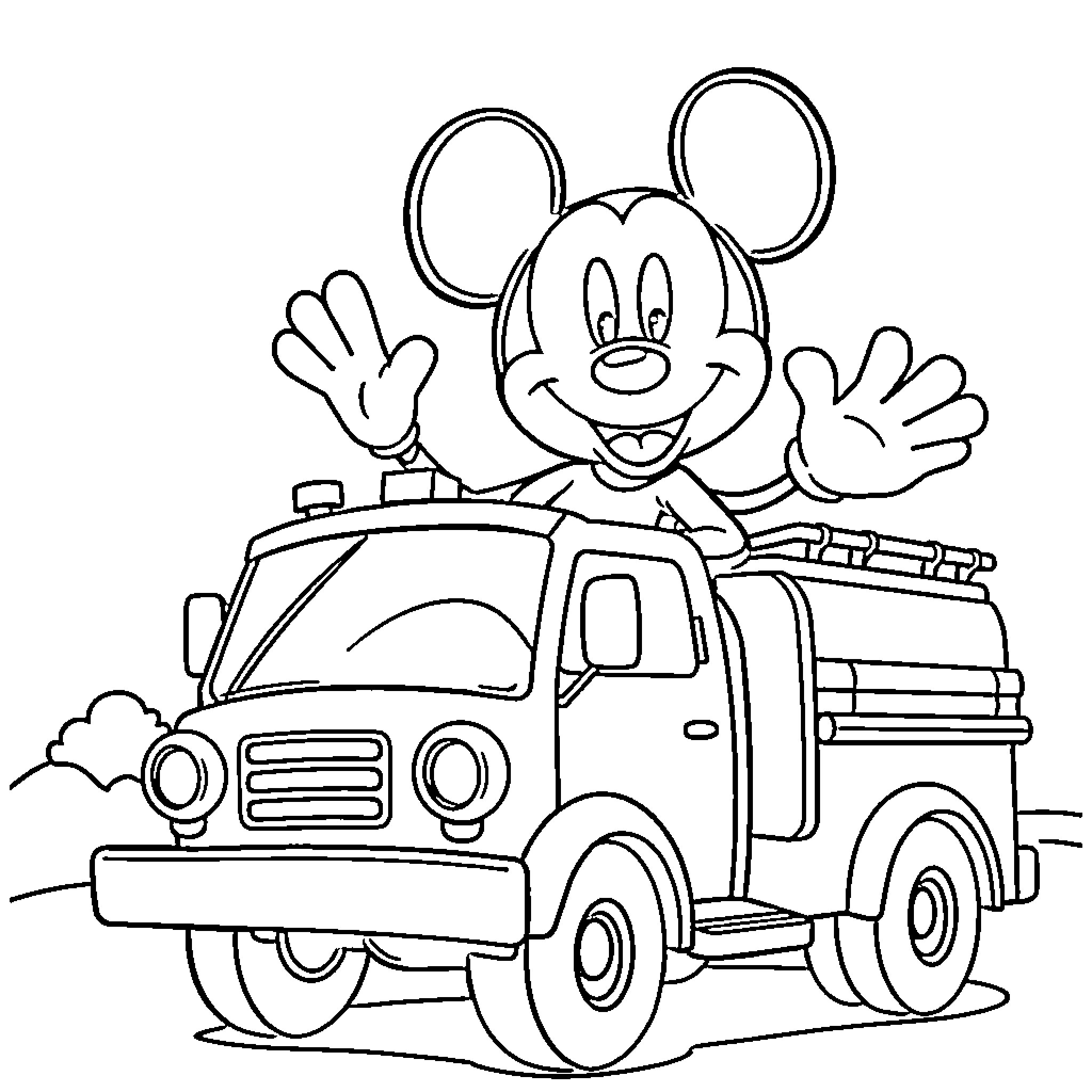 Mickey Mouse driving a fire truck happily Coloring Page (free black-and-white line drawing printable PDF for all, from beginners to advanced learners, including children, teens, adults, and seniors)
