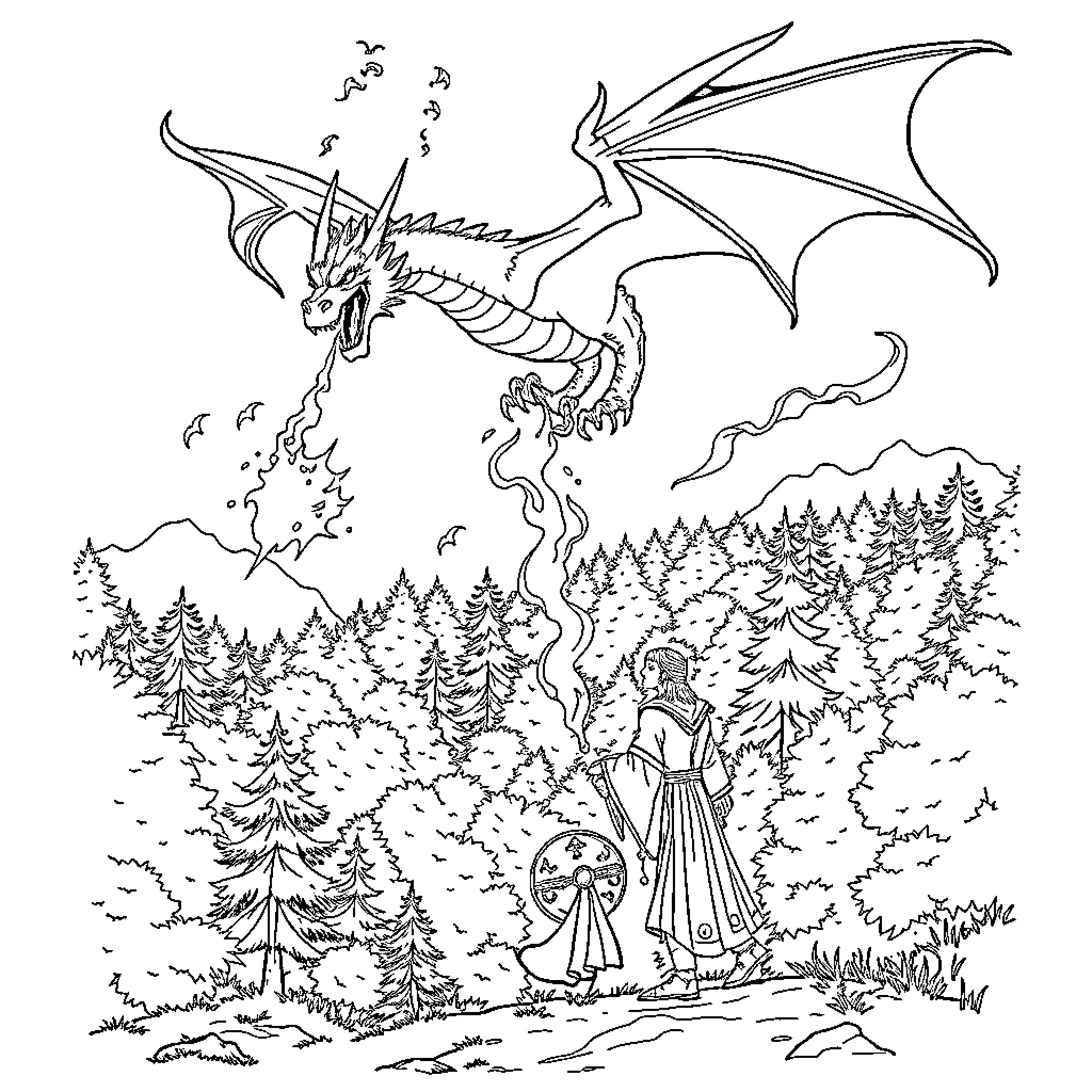 Dragon in majestic flight over forest landscape Coloring Page (free black-and-white line drawing printable PDF for all, from beginners to advanced learners, including children, teens, adults, and seniors)