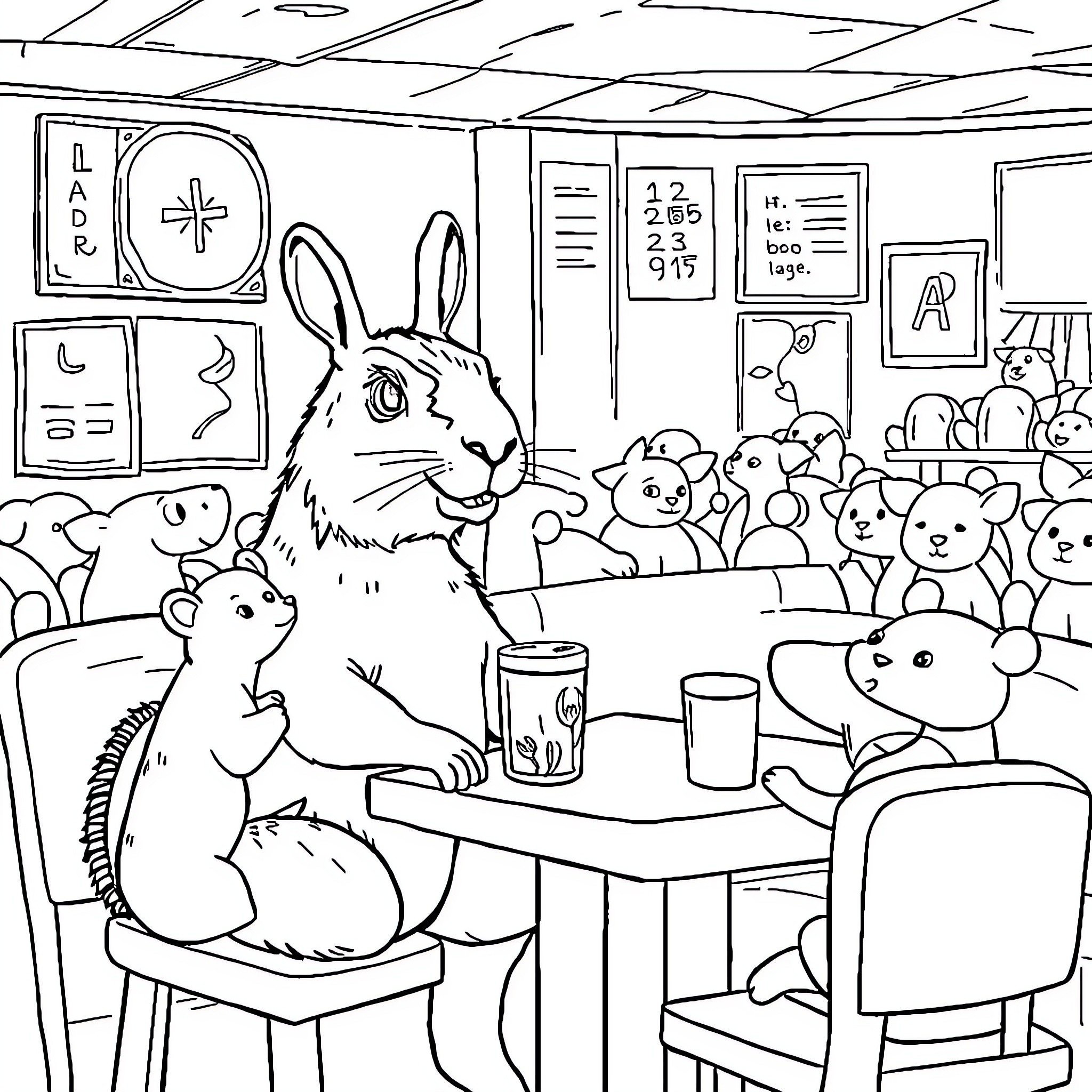 Capybara and friends in a classroom setting Coloring Page (free black-and-white line drawing printable PDF for all, from beginners to advanced learners, including children, teens, adults, and seniors)