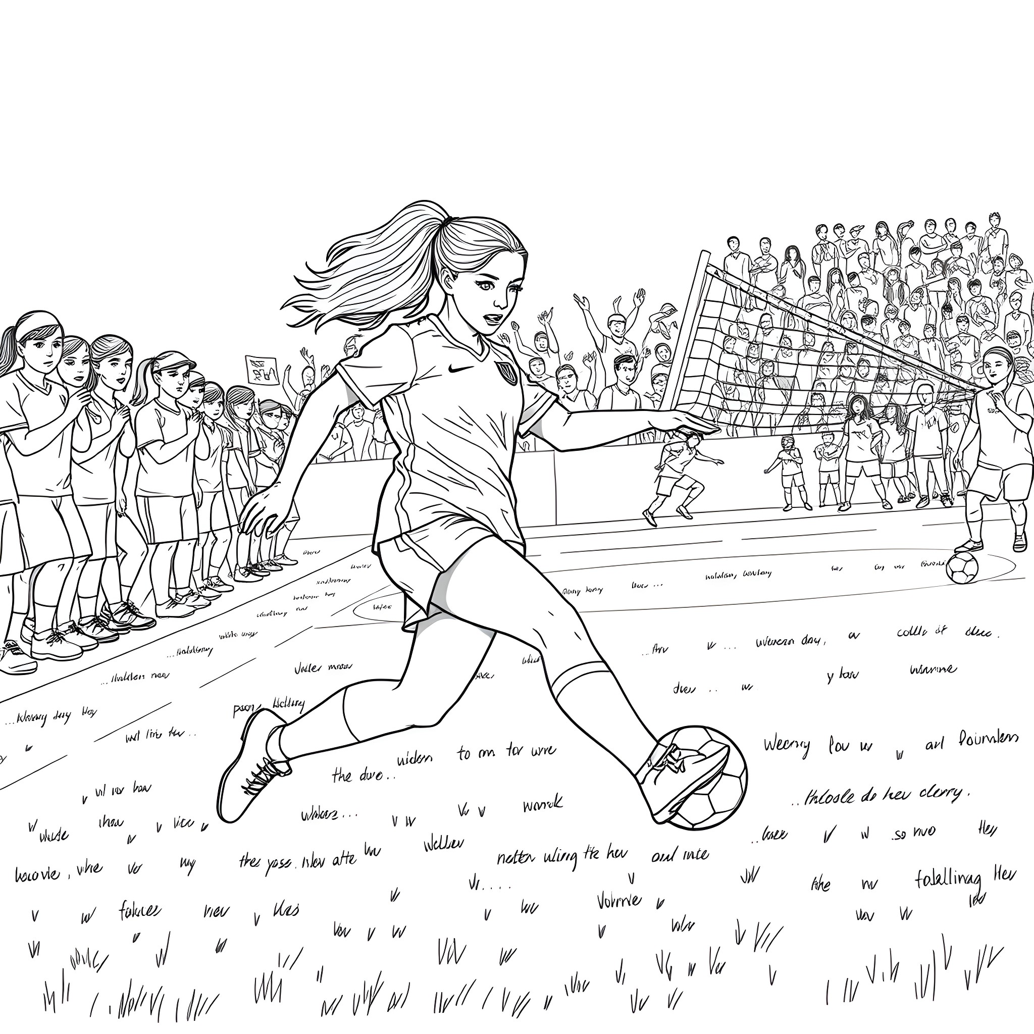 Sabrina Carpenter playing soccer on the field Coloring Page (free black-and-white line drawing printable PDF for all, from beginners to advanced learners, including children, teens, adults, and seniors)