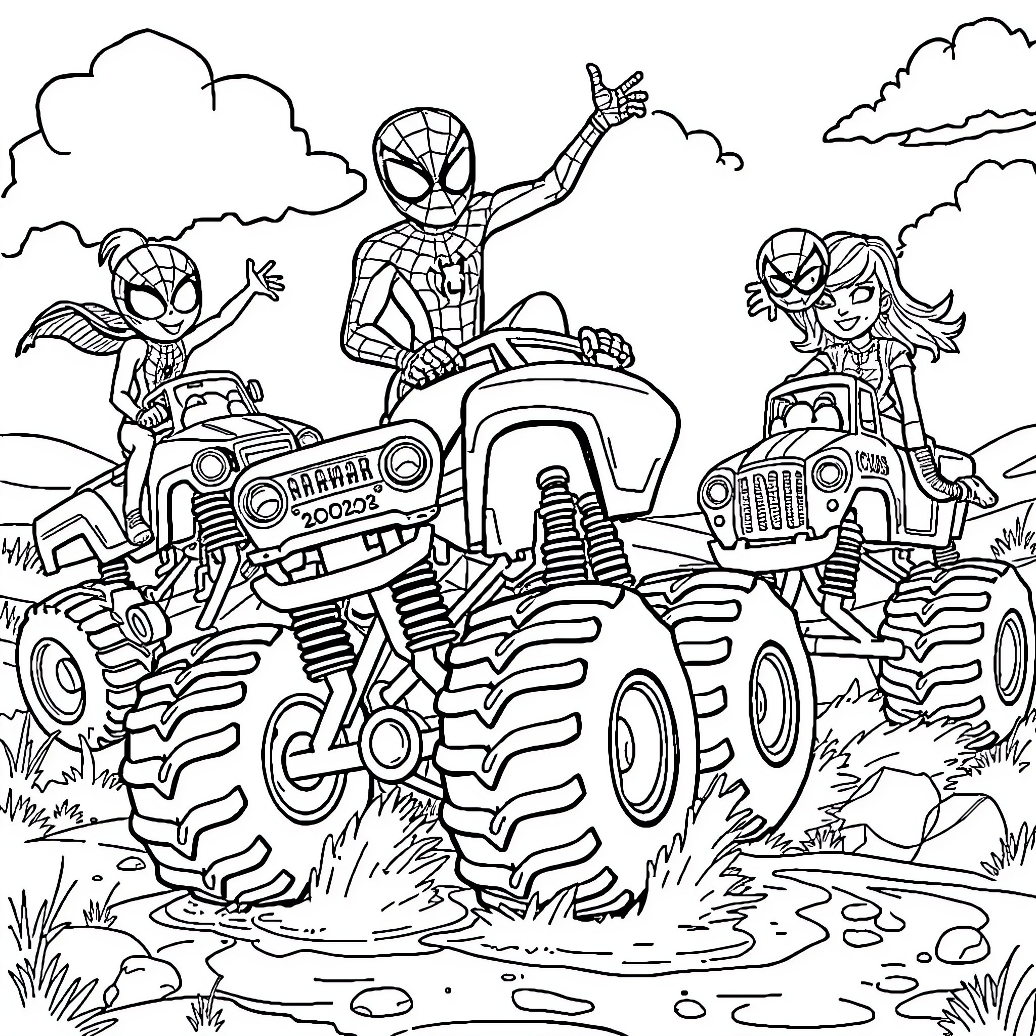 Spider-Heroes Ride Monster Trucks Through Rugged Terrain Coloring Page (free black-and-white line drawing printable PDF for all, from beginners to advanced learners, including children, teens, adults, and seniors)
