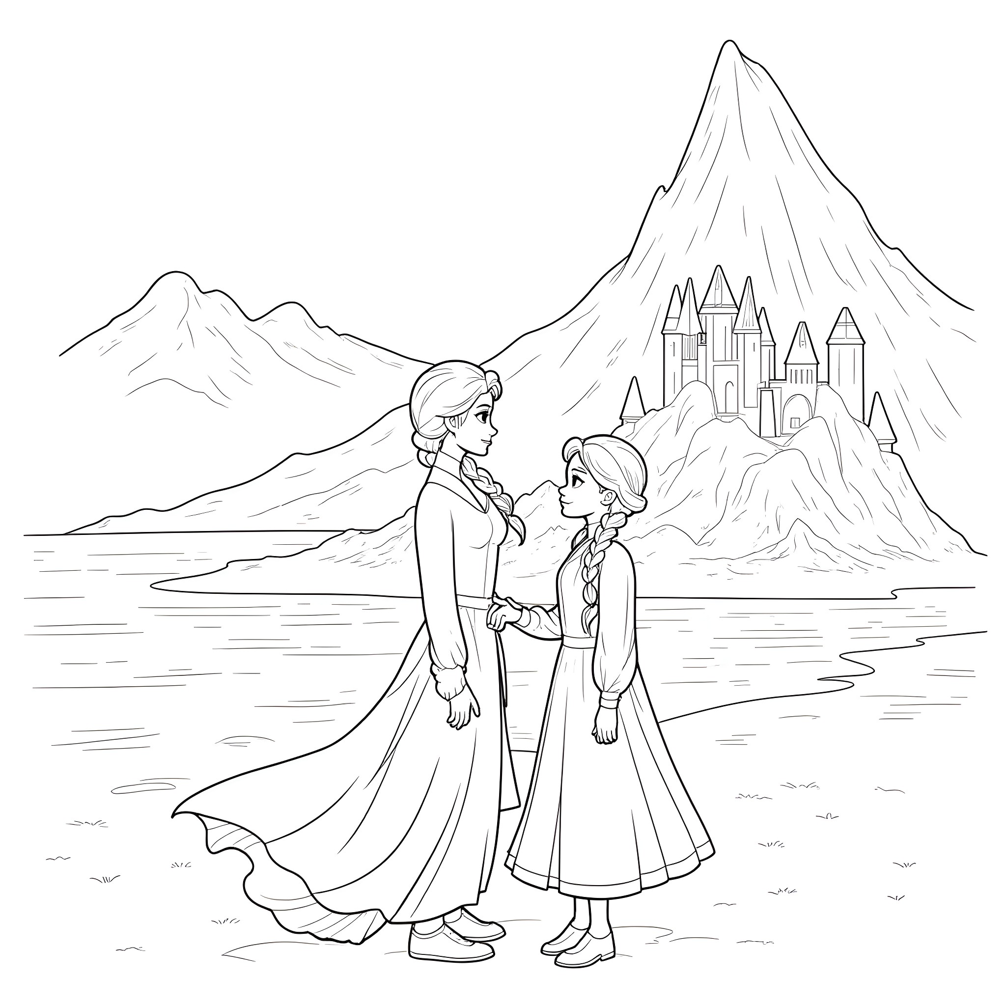 Elsa and Anna enjoying the snowy landscape Coloring Page (free black-and-white line drawing printable PDF for all, from beginners to advanced learners, including children, teens, adults, and seniors)