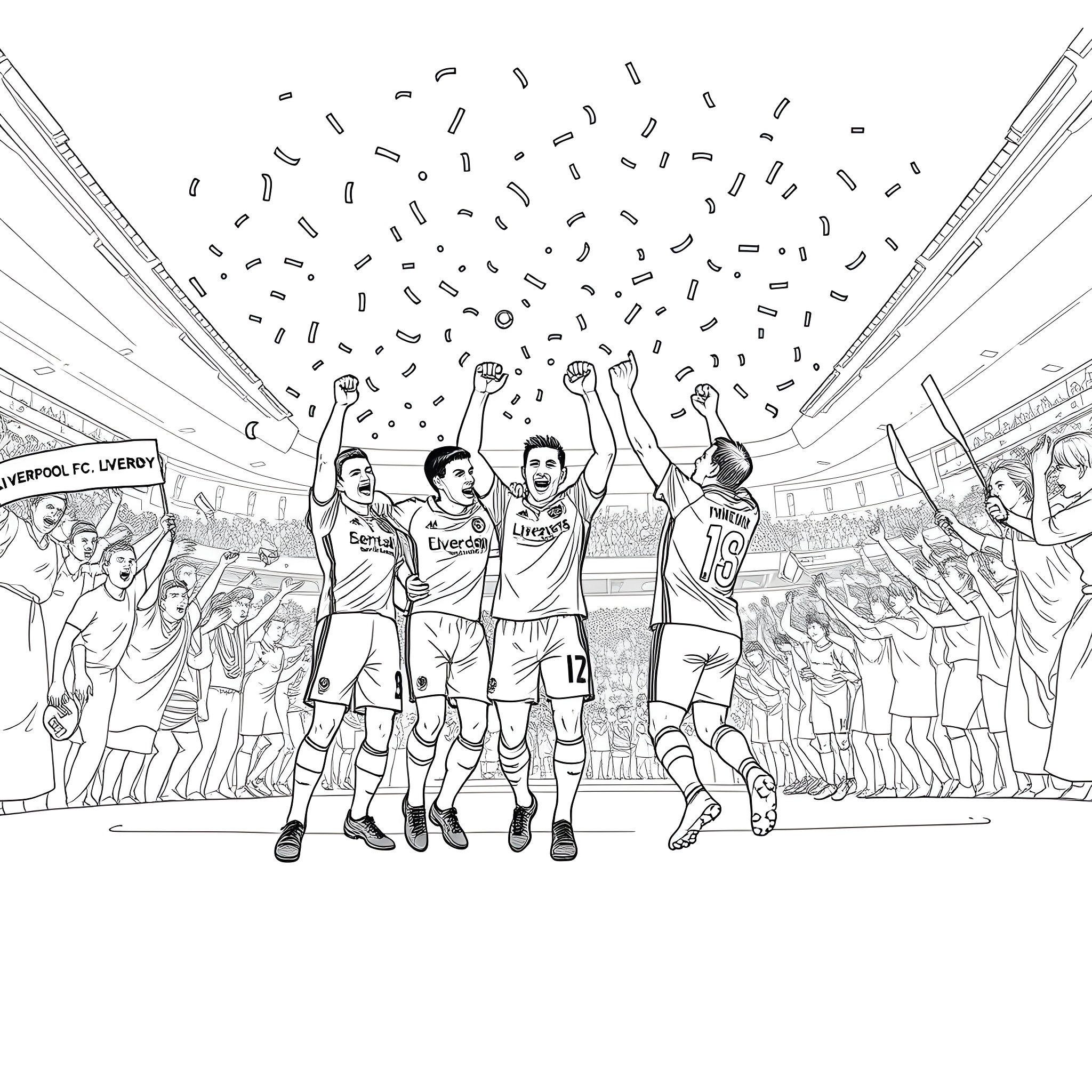 Liverpool players celebrating victory on the field Coloring Page (free black-and-white line drawing printable PDF for all, from beginners to advanced learners, including children, teens, adults, and seniors)