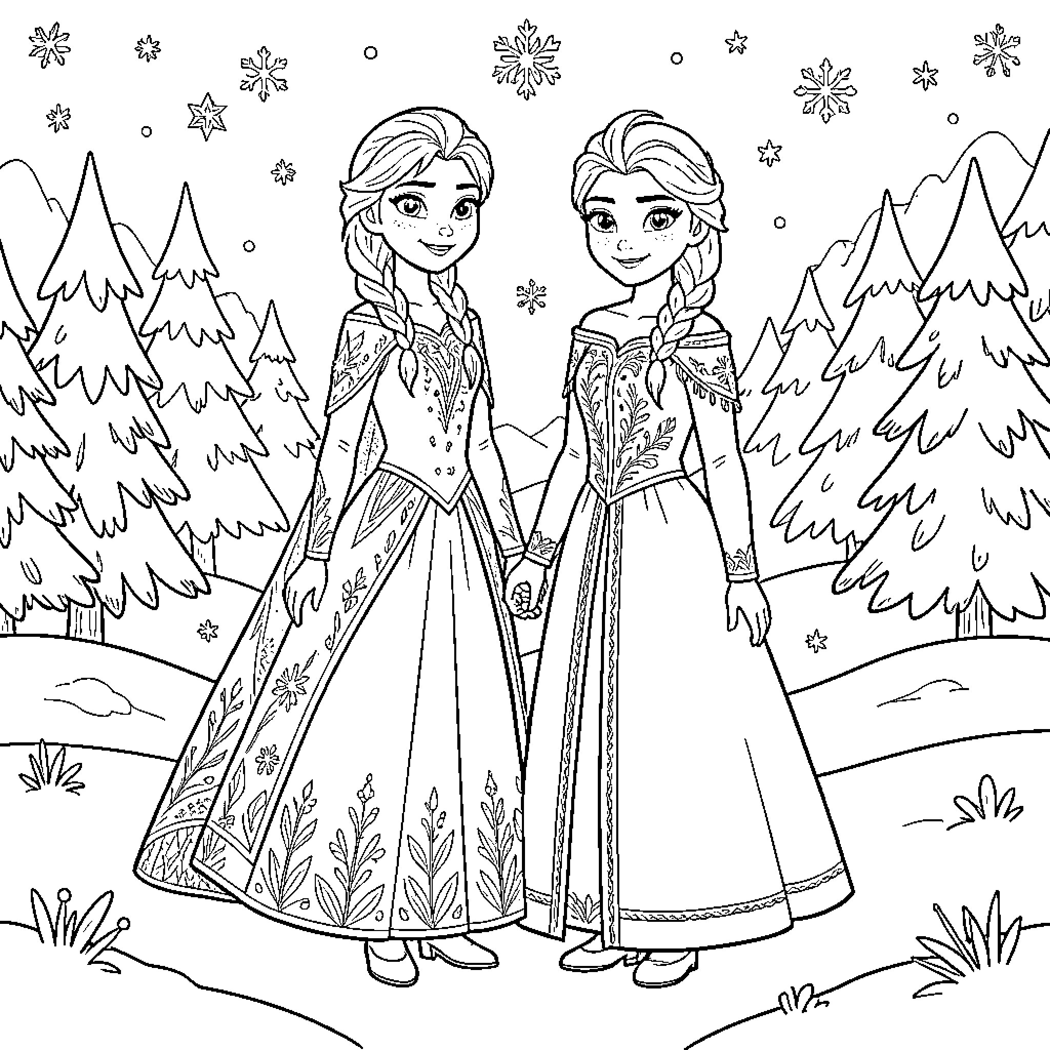 Anna et Elsa standing together in a snowy forest Coloring Page (free black-and-white line drawing printable PDF for all, from beginners to advanced learners, including children, teens, adults, and seniors)