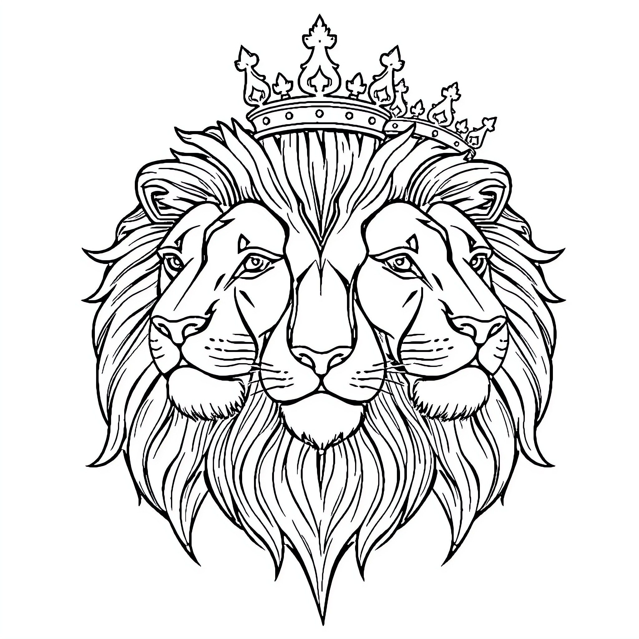 Two-Headed Lion Majestic King with Crown Coloring Page (free black-and-white line drawing printable PDF for all, from beginners to advanced learners, including children, teens, adults, and seniors)