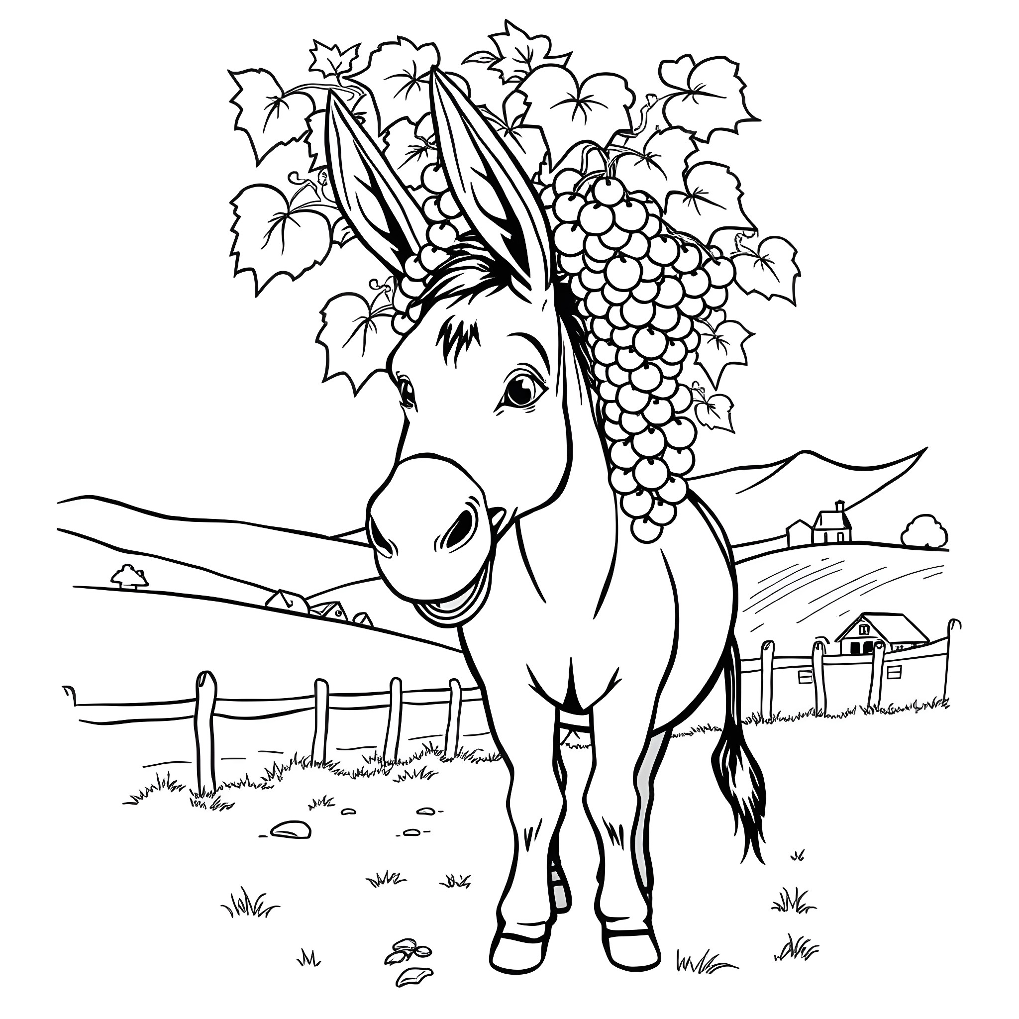 Donkey carrying grapes in a vineyard Coloring Page (free black-and-white line drawing printable PDF for all, from beginners to advanced learners, including children, teens, adults, and seniors)