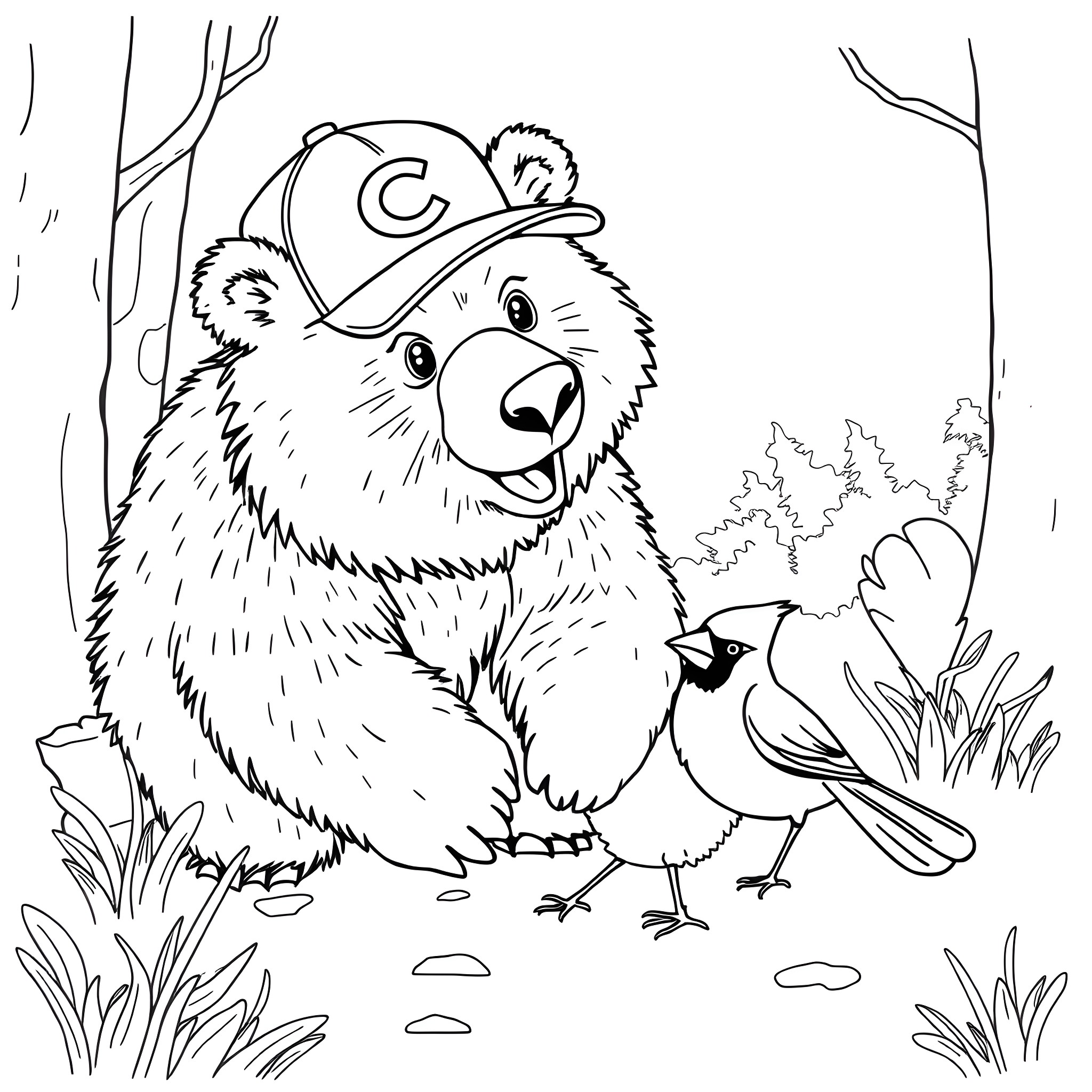 Bear in a cap interacting with a bird in the forest Coloring Page (free black-and-white line drawing printable PDF for all, from beginners to advanced learners, including children, teens, adults, and seniors)