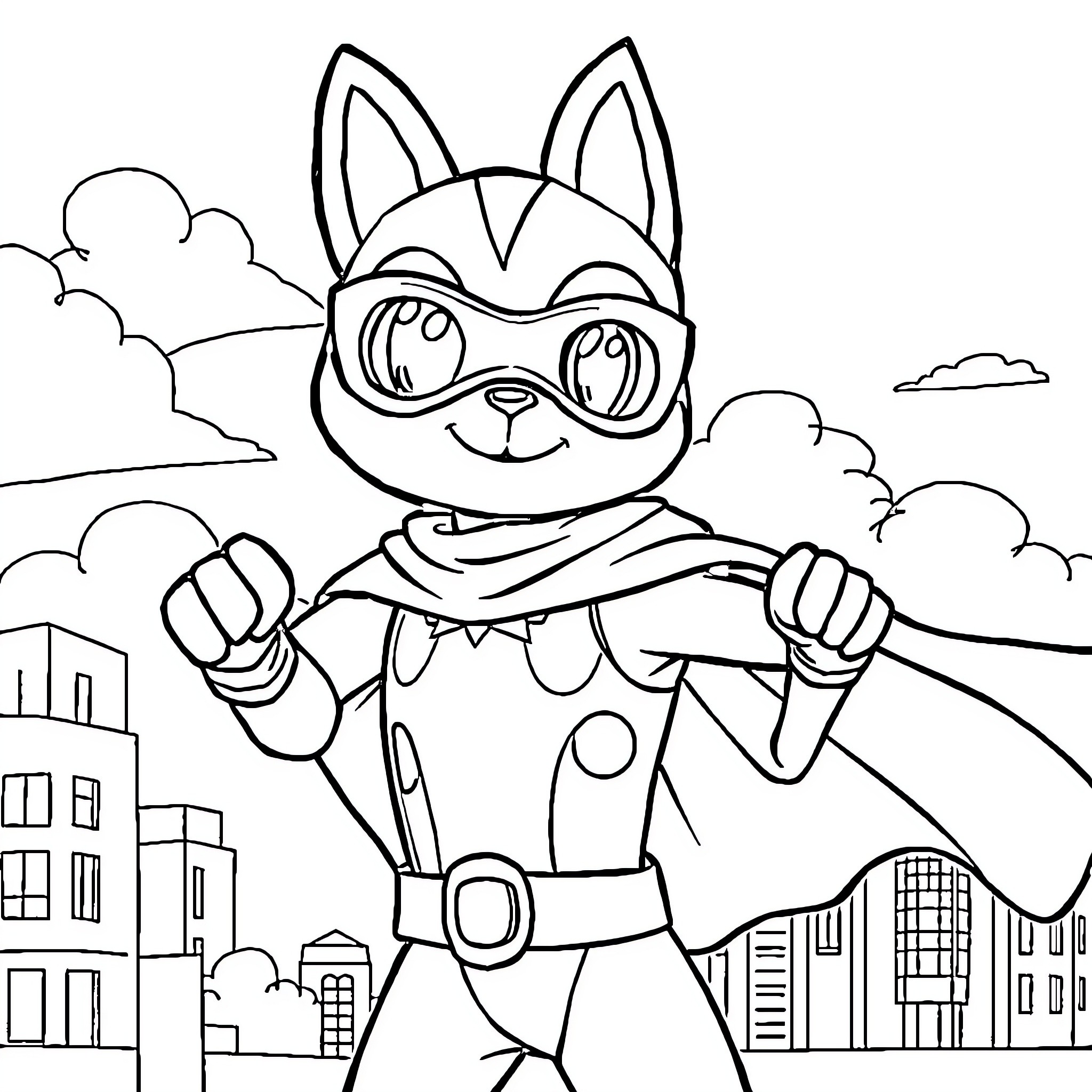 Paw Patrol superhero cat ready for action Coloring Page (free black-and-white line drawing printable PDF for all, from beginners to advanced learners, including children, teens, adults, and seniors)