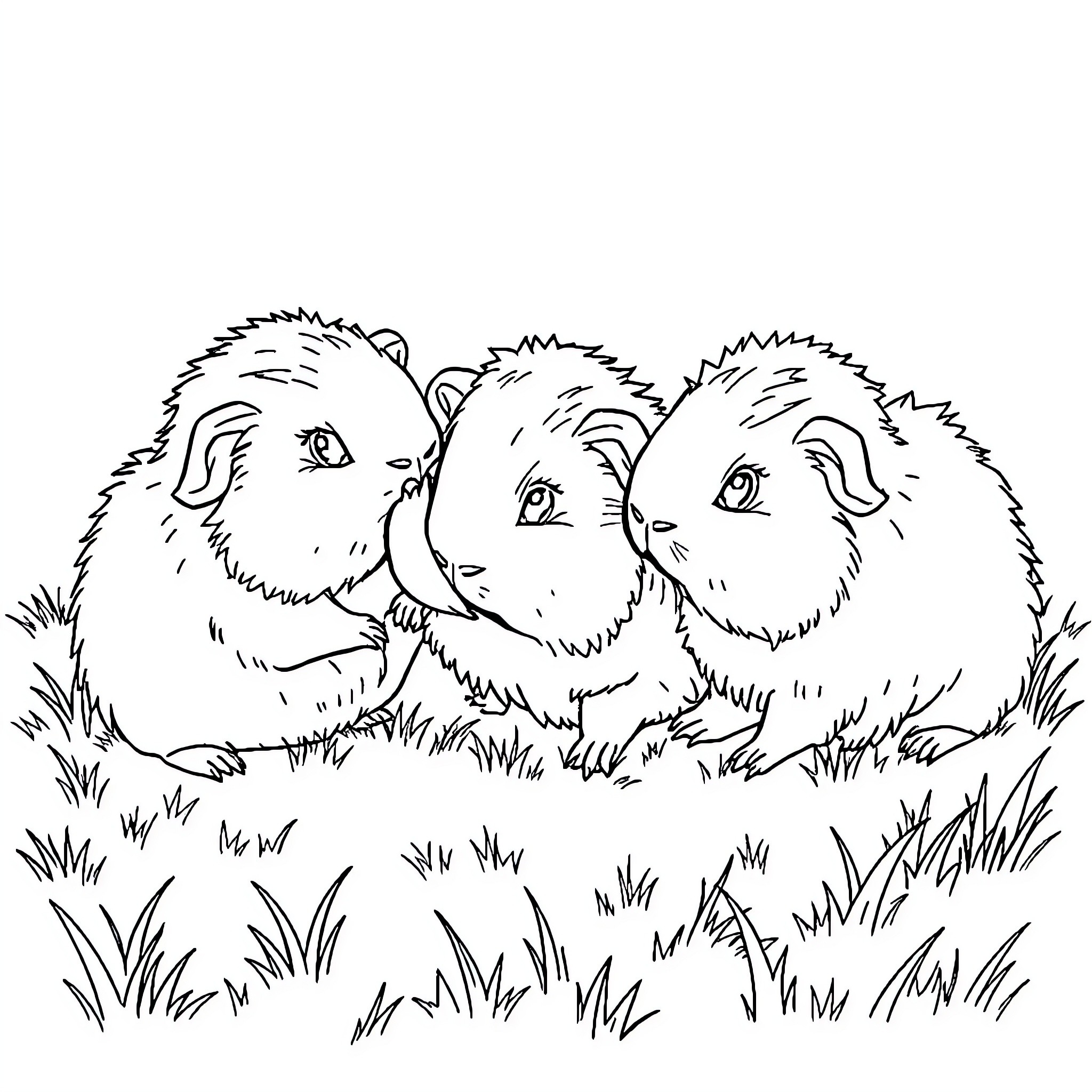 Guinea Pigs playing joyfully in the grass Coloring Page (free black-and-white line drawing printable PDF for all, from beginners to advanced learners, including children, teens, adults, and seniors)