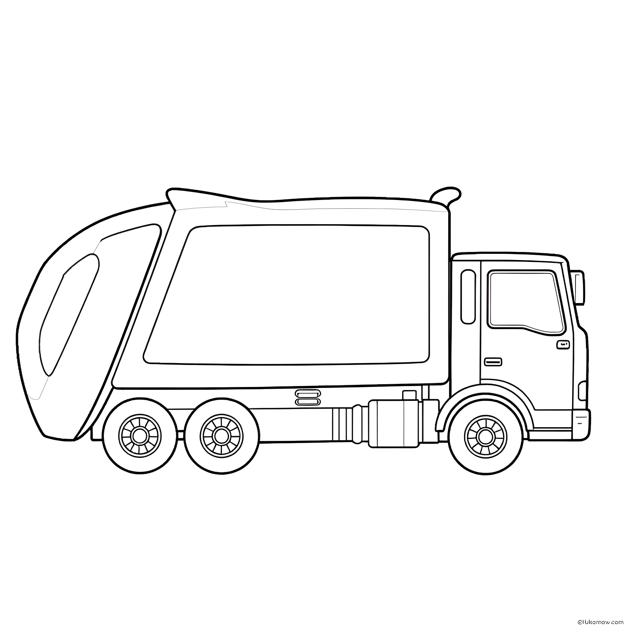 Trash Truck Collecting Waste from Neighborhood Coloring Page (free black-and-white line drawing printable PDF for all, from beginners to advanced learners, including children, teens, adults, and seniors)