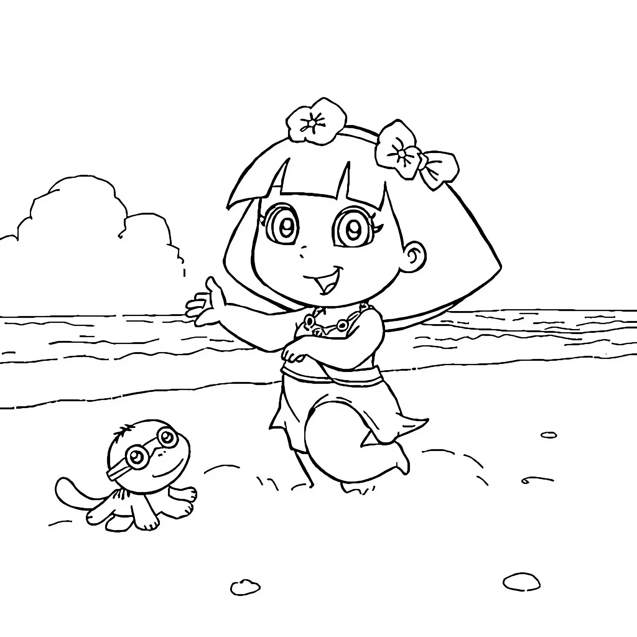 Dora exploring the beach with friends Coloring Page (free black-and-white line drawing printable PDF for all, from beginners to advanced learners, including children, teens, adults, and seniors)