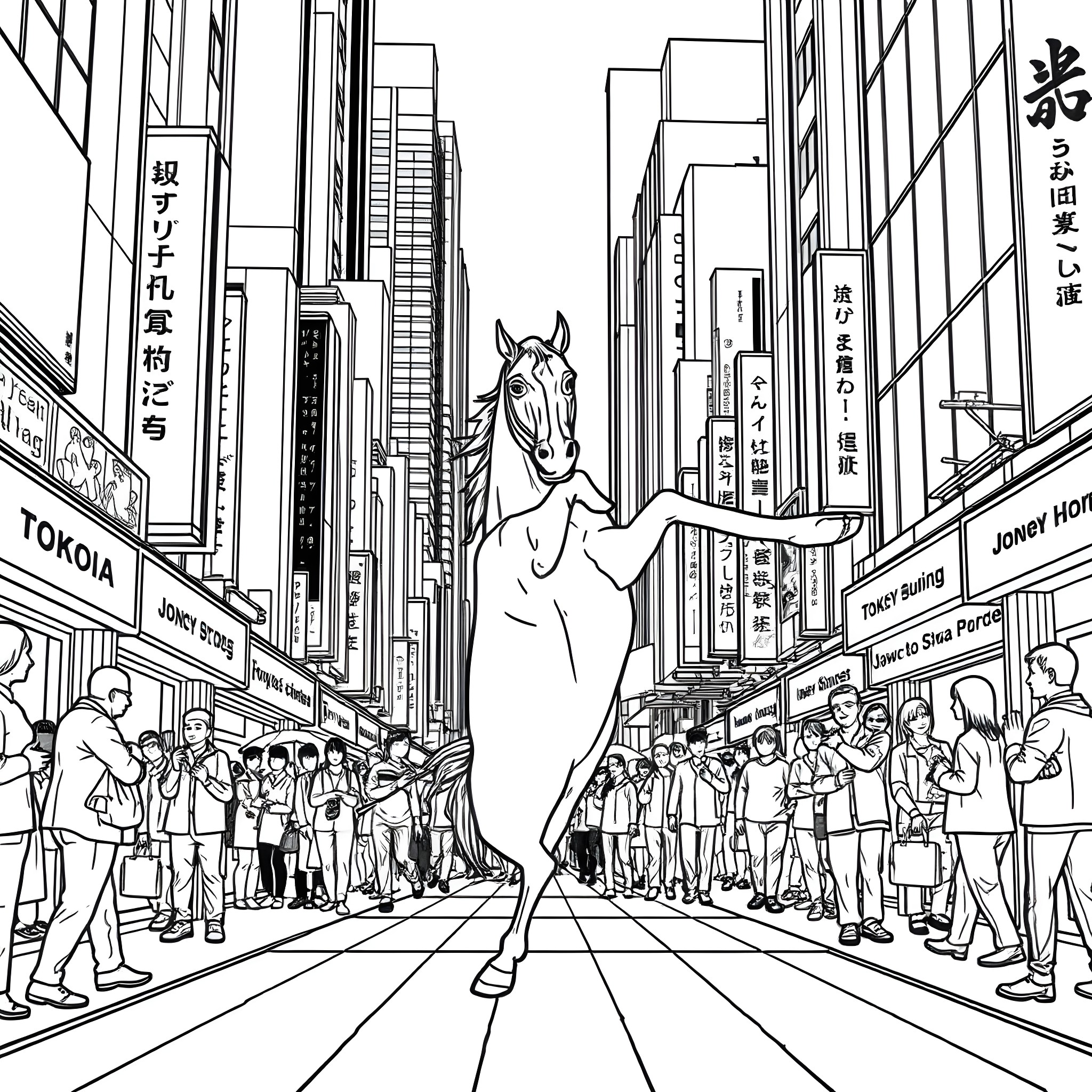 Horse standing tall in busy city street Coloring Page (free black-and-white line drawing printable PDF for all, from beginners to advanced learners, including children, teens, adults, and seniors)