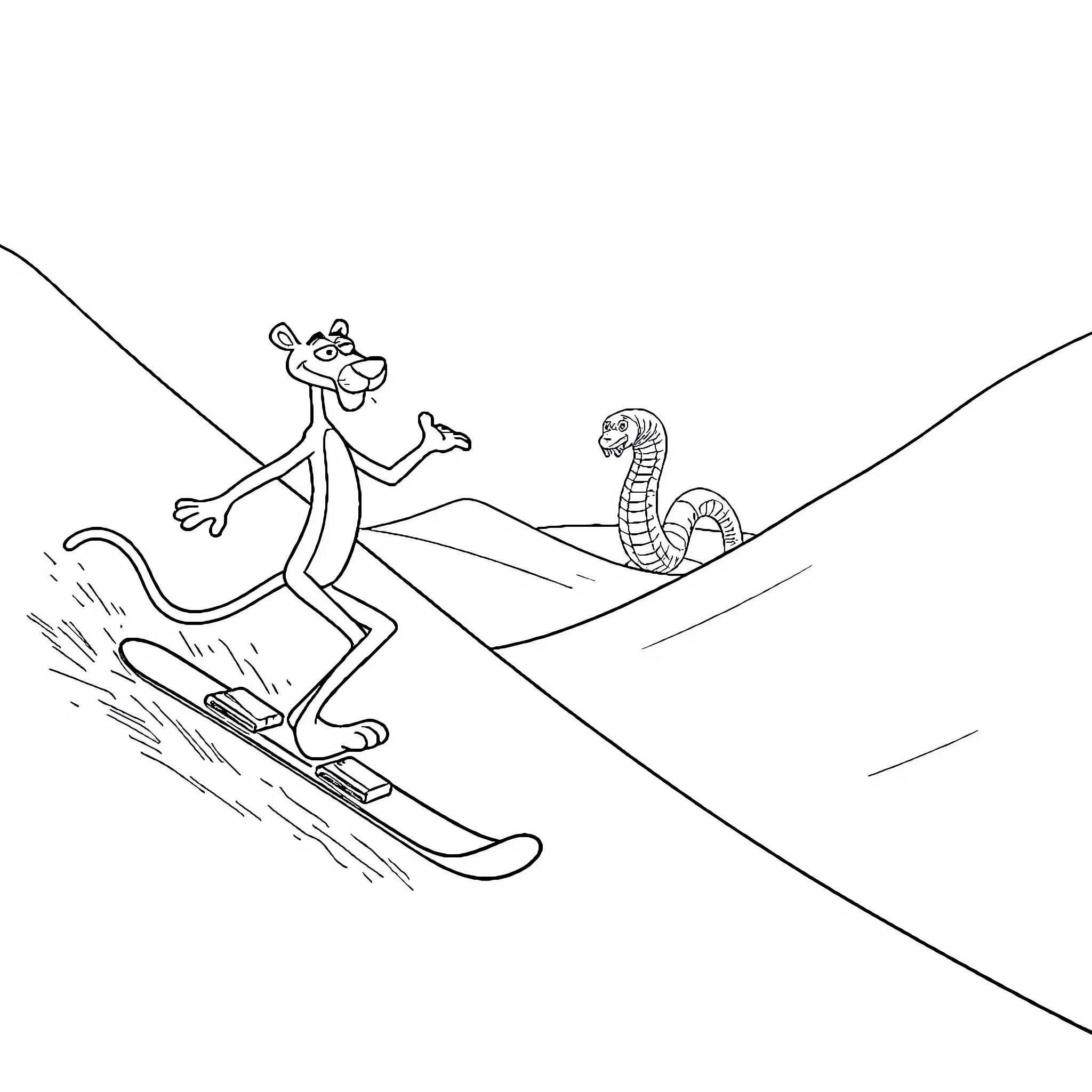 Pink Panther skiing down slopes with a snake Coloring Page (free black-and-white line drawing printable PDF for all, from beginners to advanced learners, including children, teens, adults, and seniors)