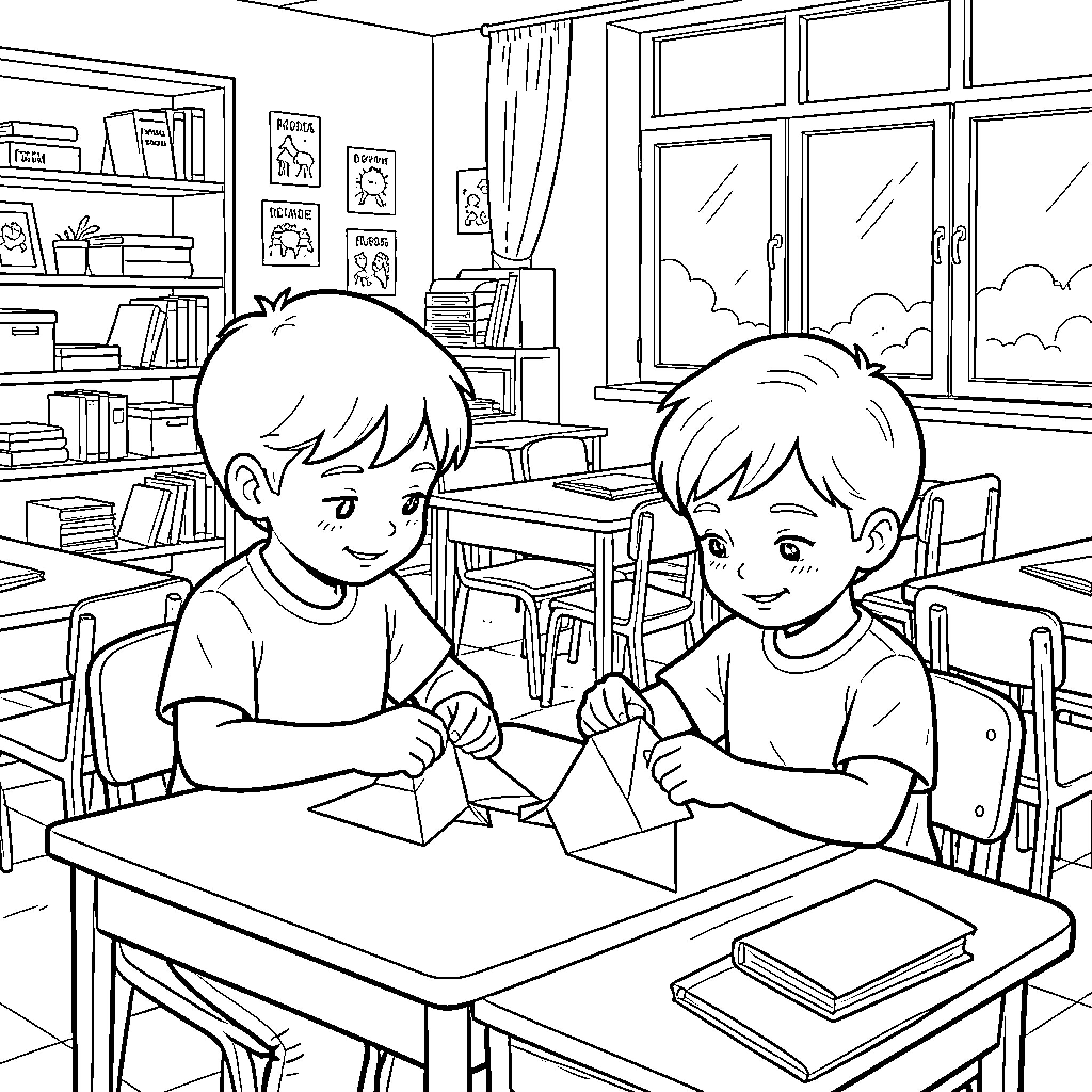 Origami paper folding activity by boys in a classroom Coloring Page (free black-and-white line drawing printable PDF for all, from beginners to advanced learners, including children, teens, adults, and seniors)