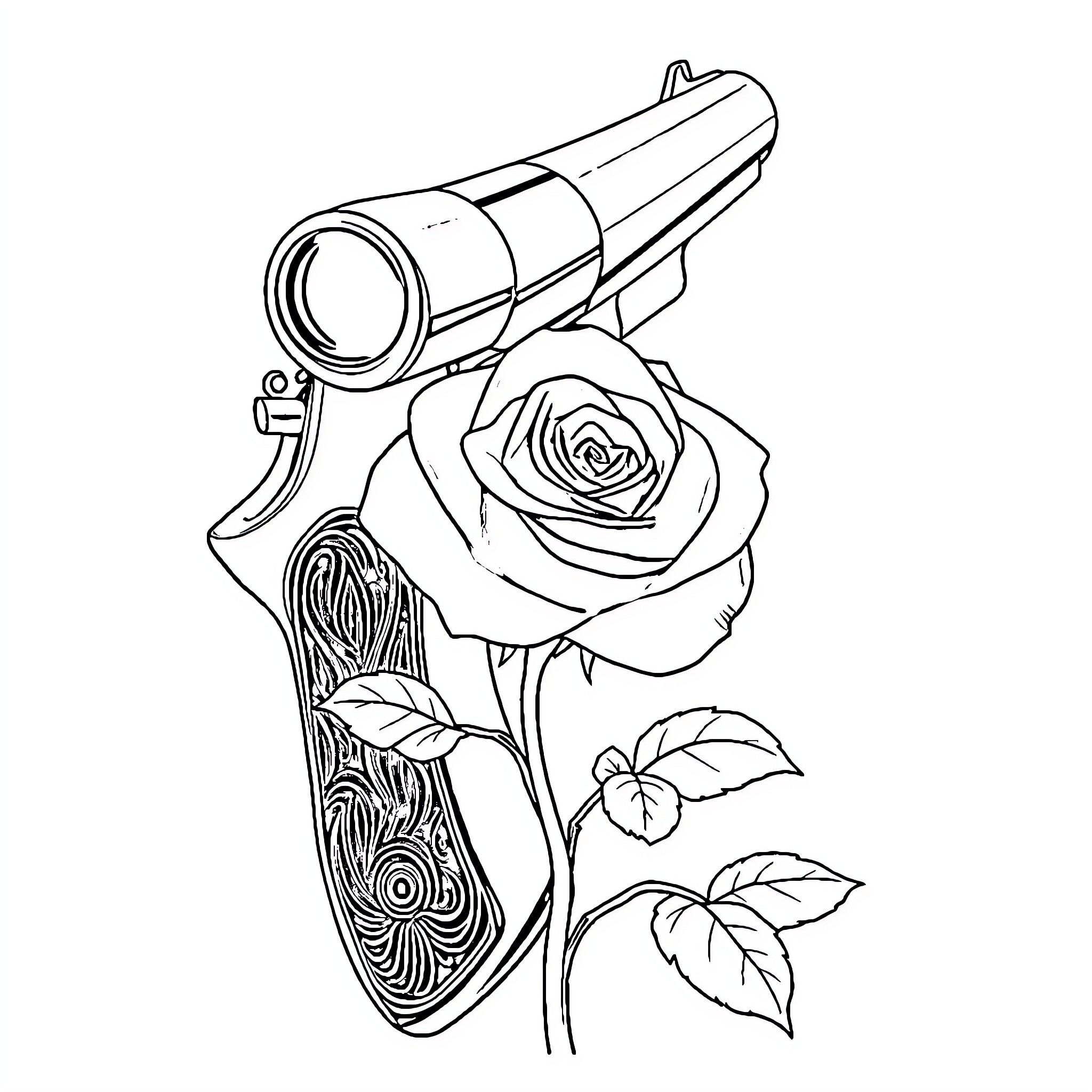Gun and Rose: Contrasting Symbols Coloring Page (free black-and-white line drawing printable PDF for all, from beginners to advanced learners, including children, teens, adults, and seniors)