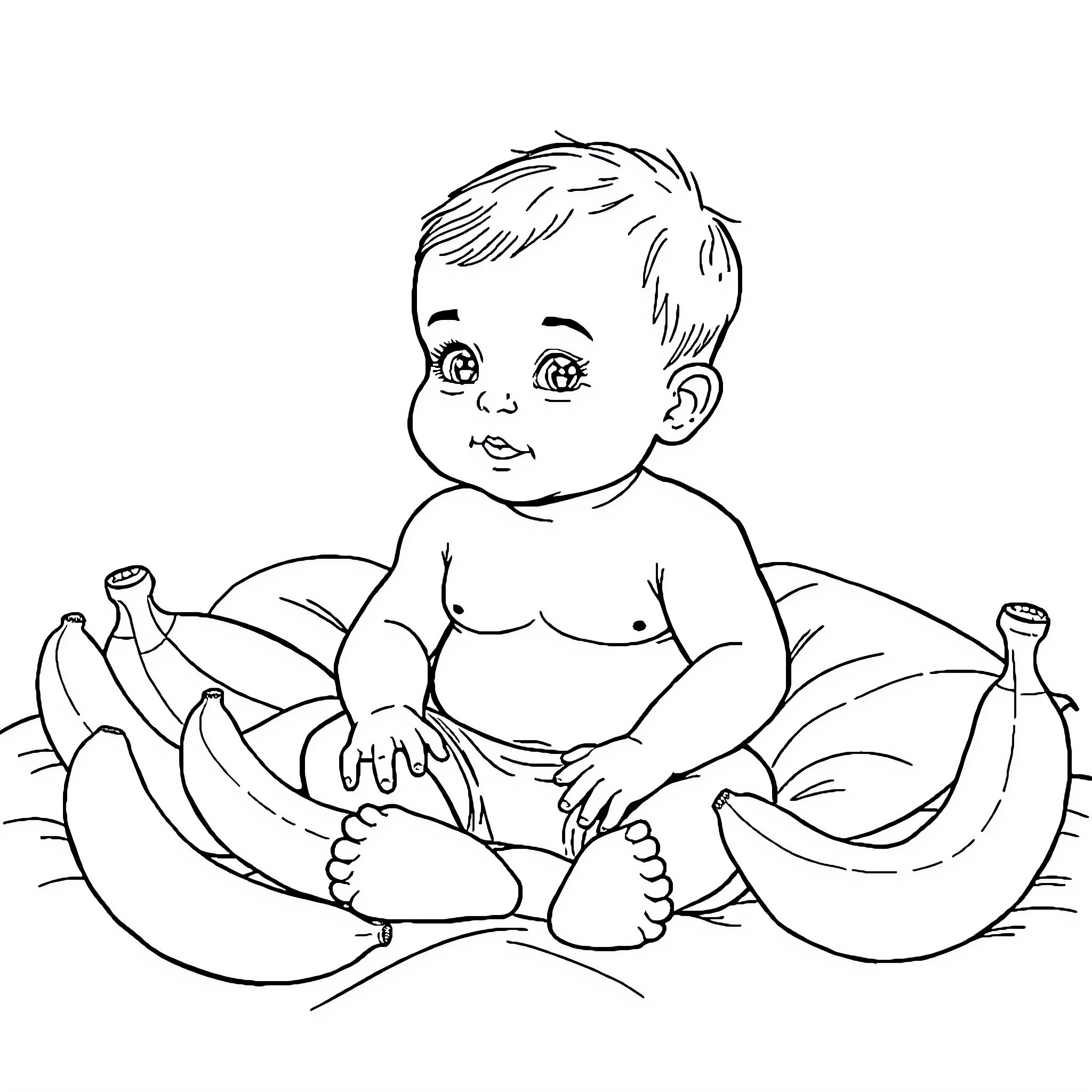 Baby Boy Enjoying Healthy Snack with Bananas Coloring Page (free black-and-white line drawing printable PDF for all, from beginners to advanced learners, including children, teens, adults, and seniors)