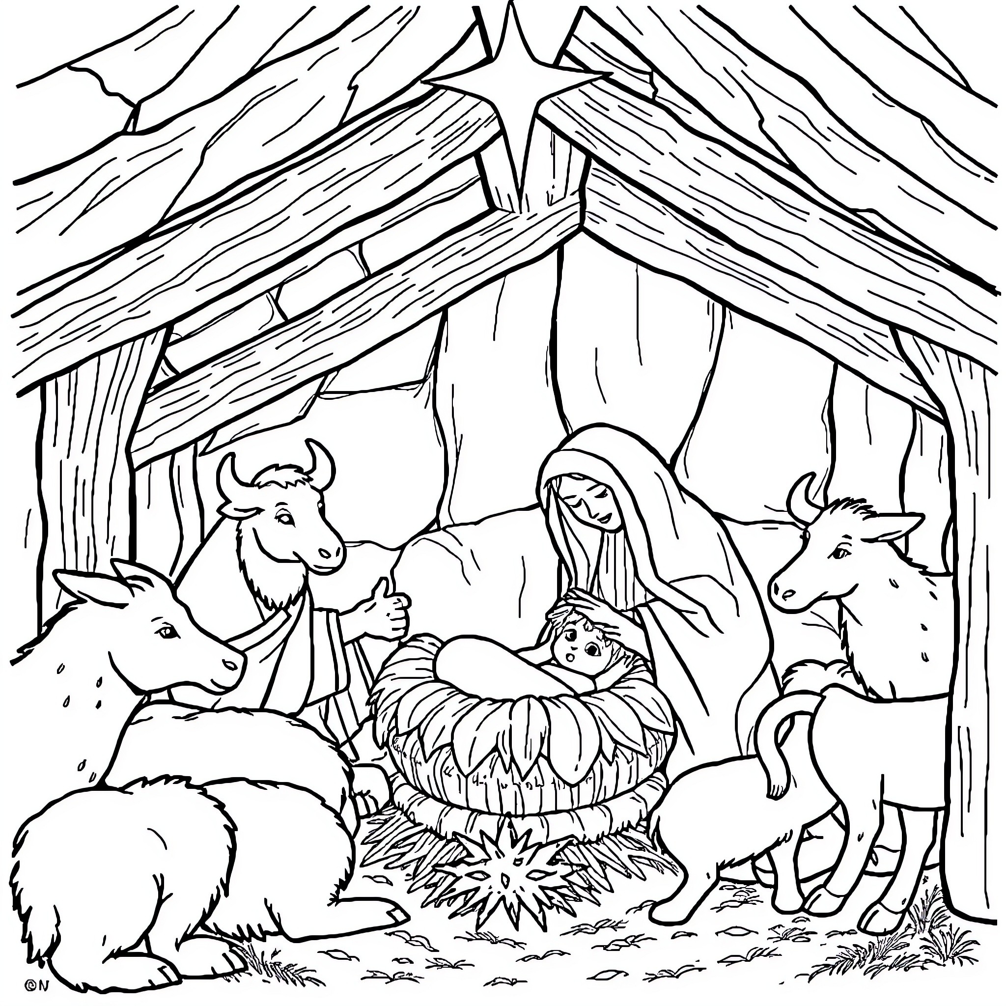 Baby Jesus in the Manger with Animals Coloring Page (free black-and-white line drawing printable PDF for all, from beginners to advanced learners, including children, teens, adults, and seniors)