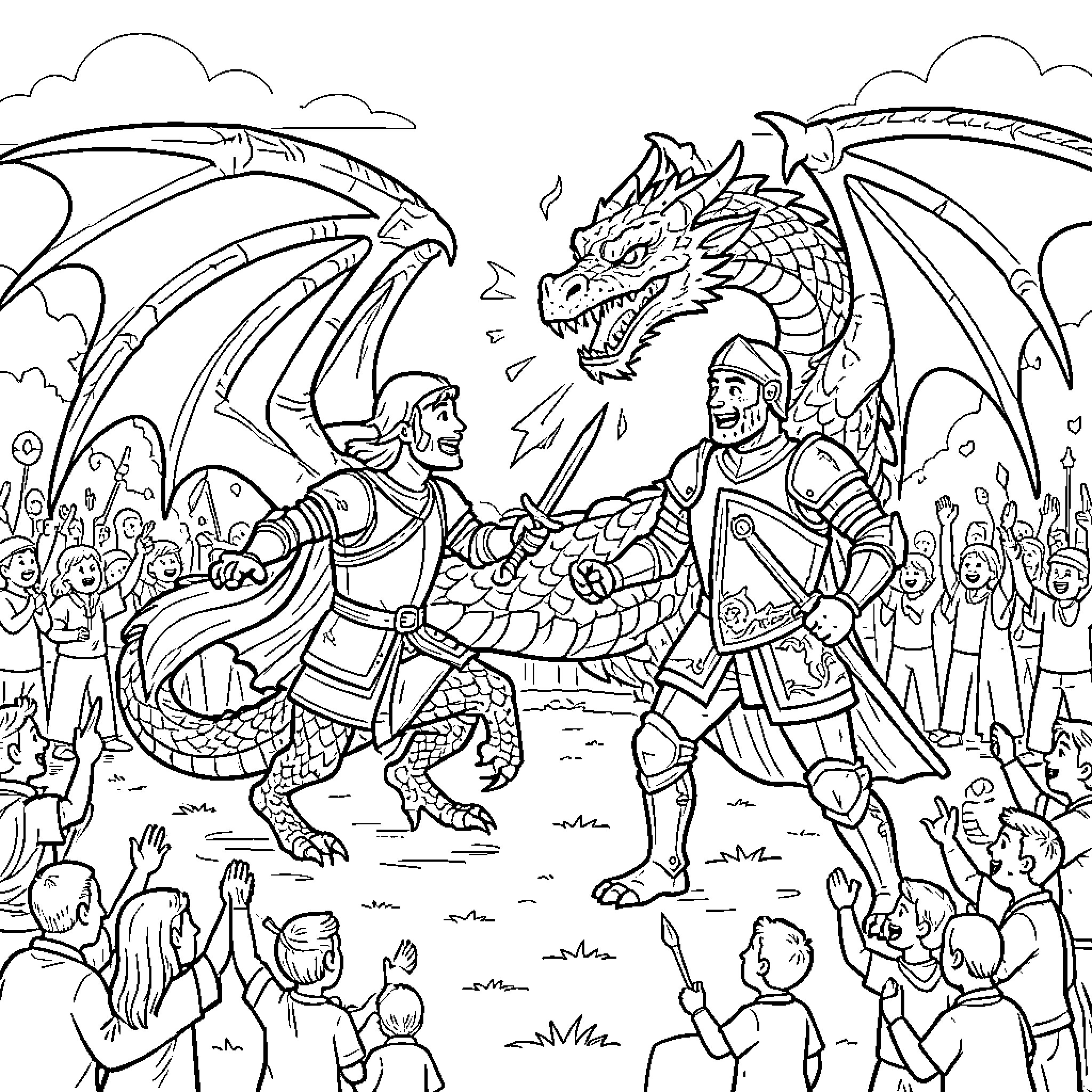 Knight battles fierce dragon before cheering crowd Coloring Page (free black-and-white line drawing printable PDF for all, from beginners to advanced learners, including children, teens, adults, and seniors)