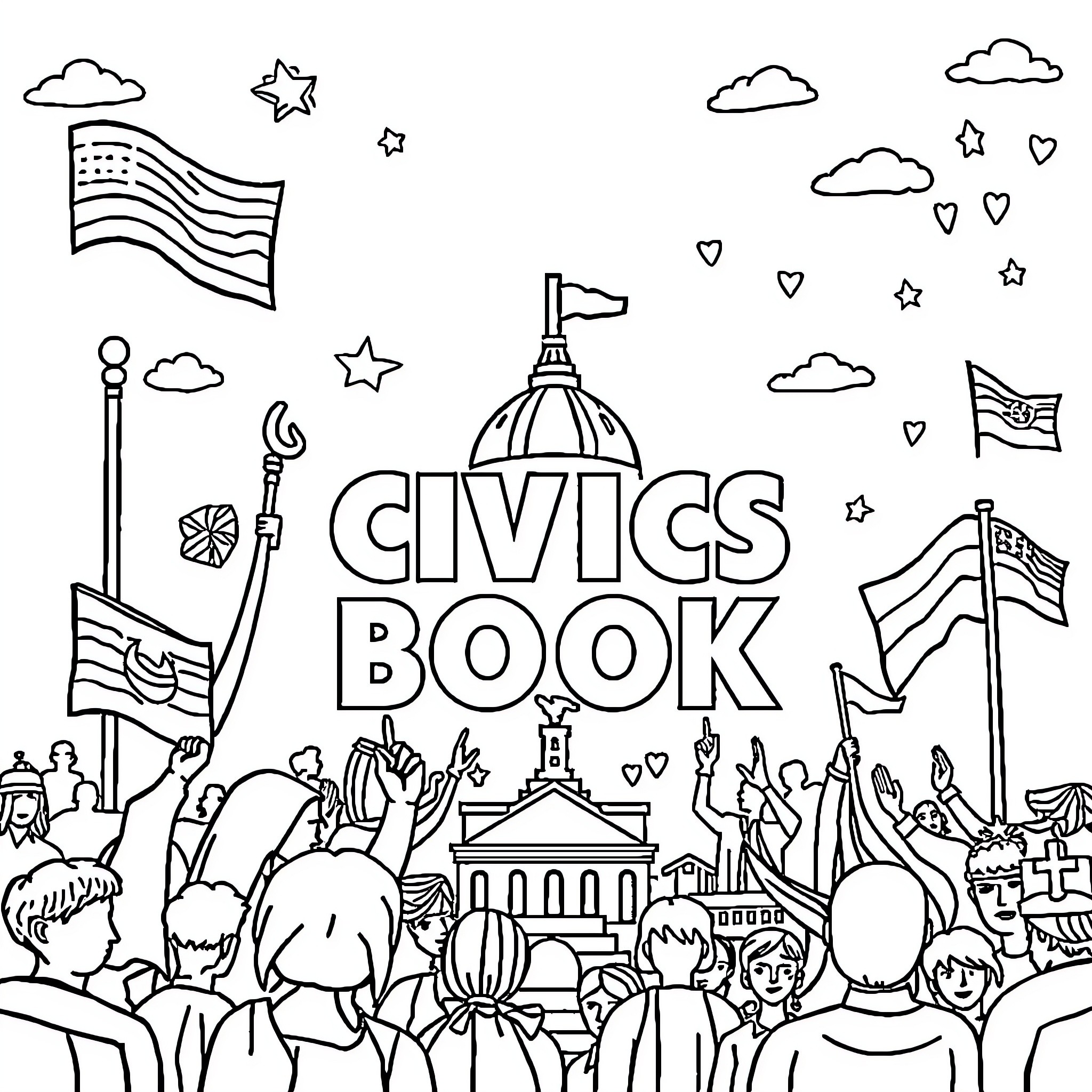 Civics Book: Community Gathering with Flags and Symbols Coloring Page (free black-and-white line drawing printable PDF for all, from beginners to advanced learners, including children, teens, adults, and seniors)