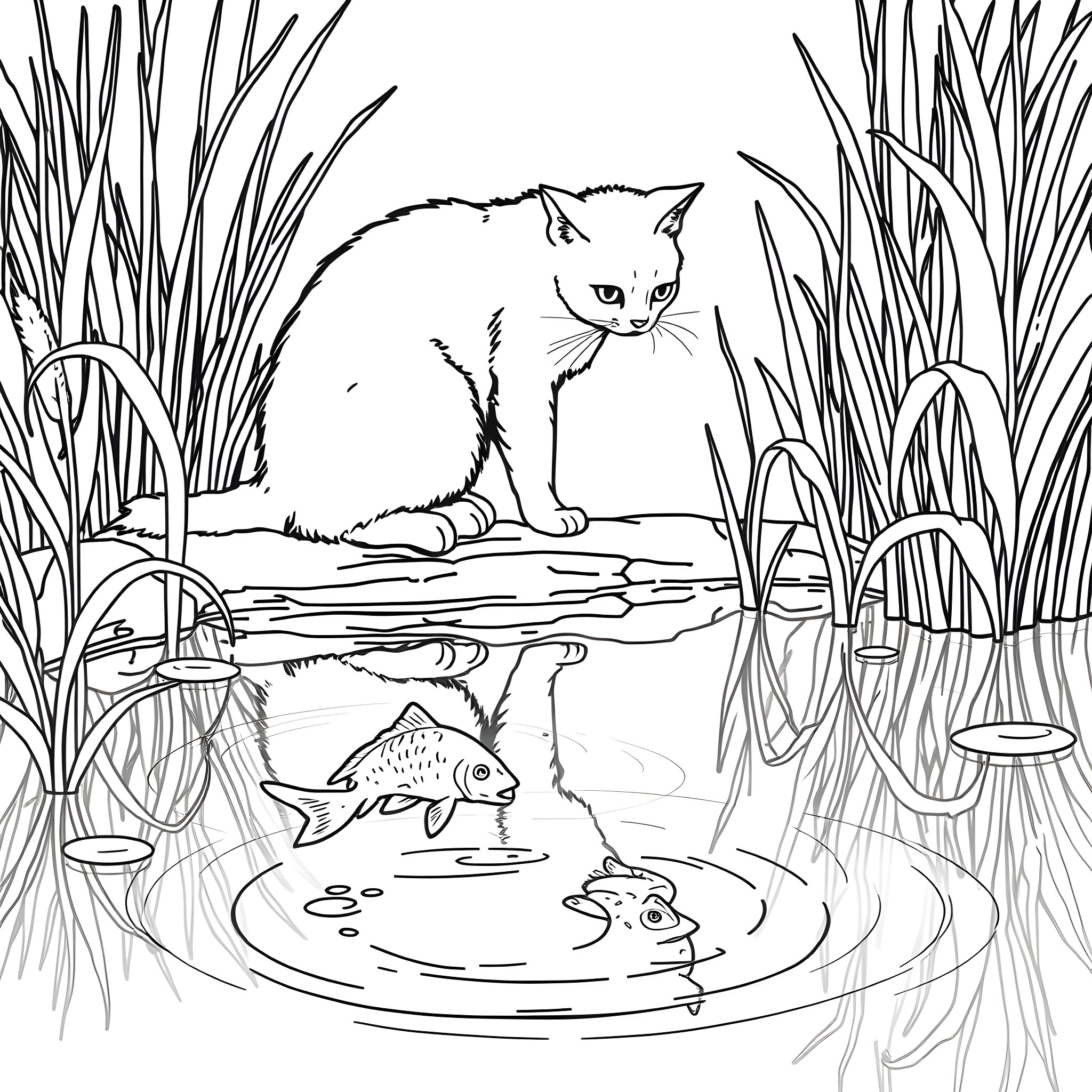 Cat observing fish in a pond Coloring Page (free black-and-white line drawing printable PDF for all, from beginners to advanced learners, including children, teens, adults, and seniors)