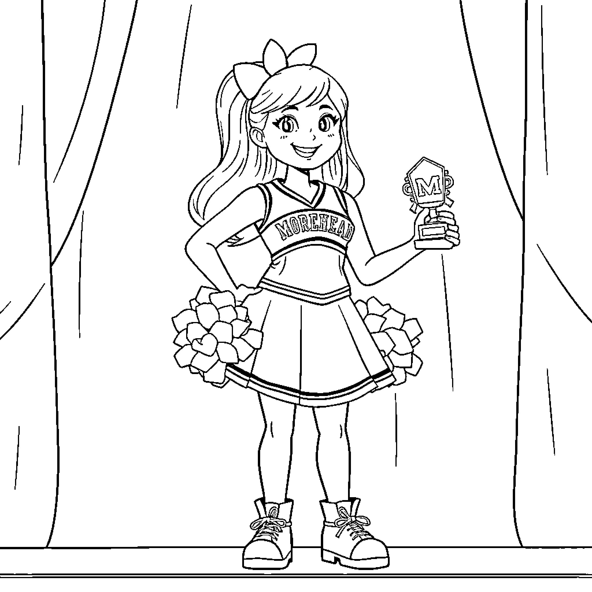 Cheerleader holding trophy and pom poms on stage Coloring Page (free black-and-white line drawing printable PDF for all, from beginners to advanced learners, including children, teens, adults, and seniors)