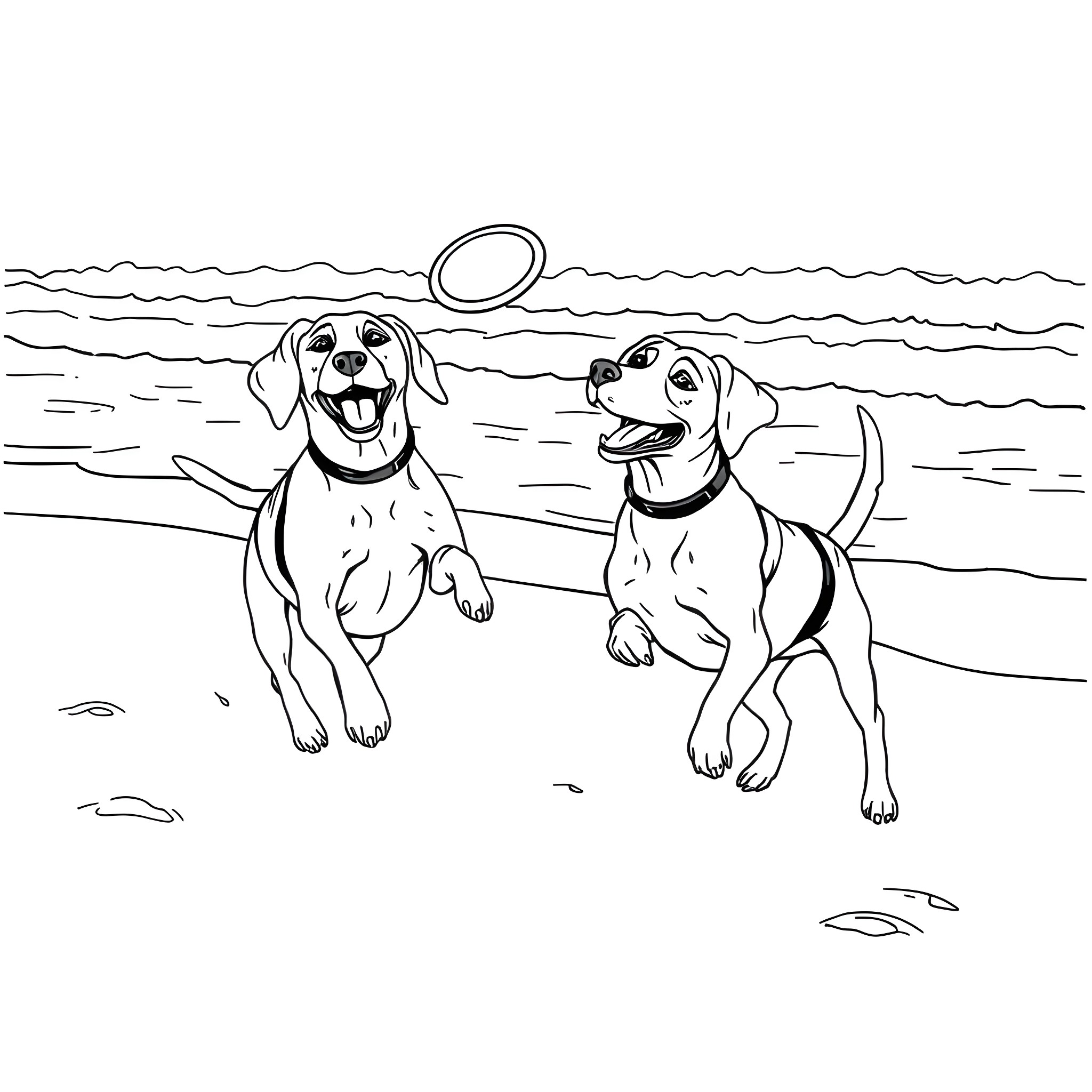 Beagles playing fetch on the beach Coloring Page (free black-and-white line drawing printable PDF for all, from beginners to advanced learners, including children, teens, adults, and seniors)
