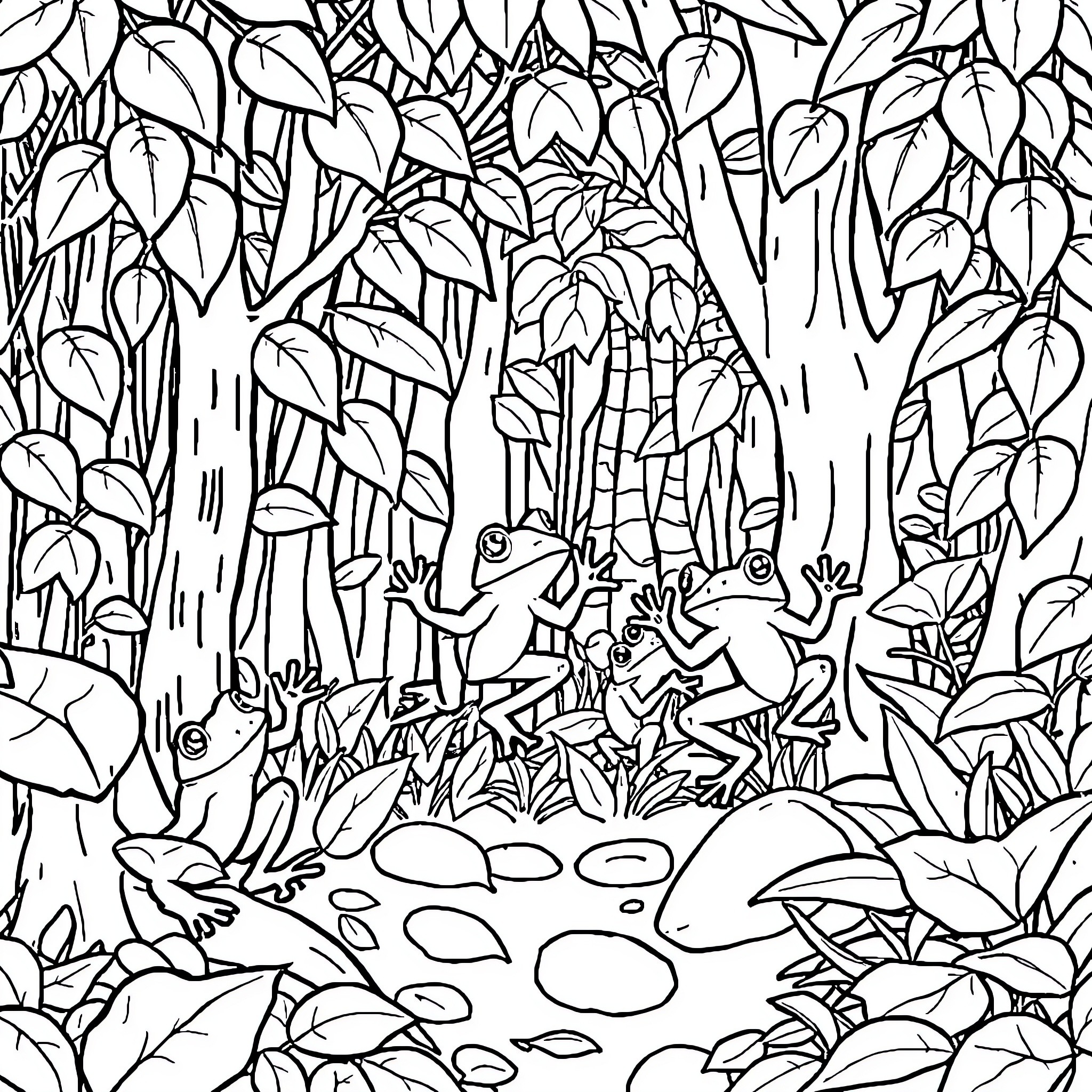 Tree Frogs Exploring the Lush Forest Coloring Page (free black-and-white line drawing printable PDF for all, from beginners to advanced learners, including children, teens, adults, and seniors)