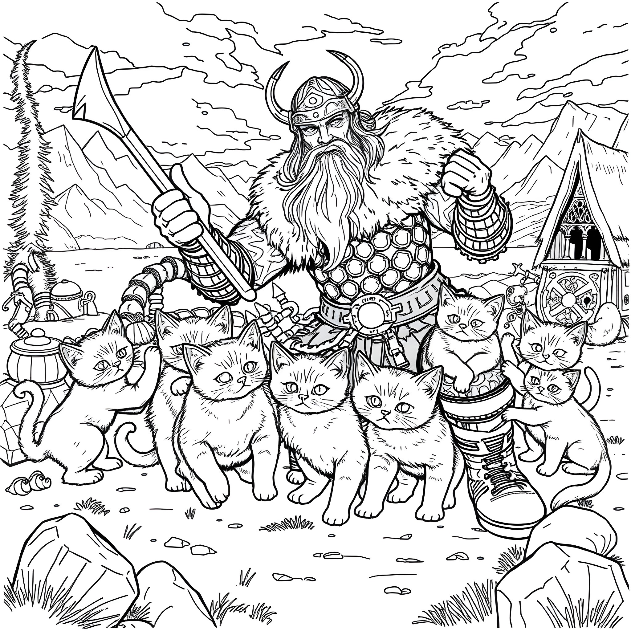 Ragnor Lothbrok, the Viking Warrior, Surrounded by Loyal Feline Companions Coloring Page (free black-and-white line drawing printable PDF for all, from beginners to advanced learners, including children, teens, adults, and seniors)