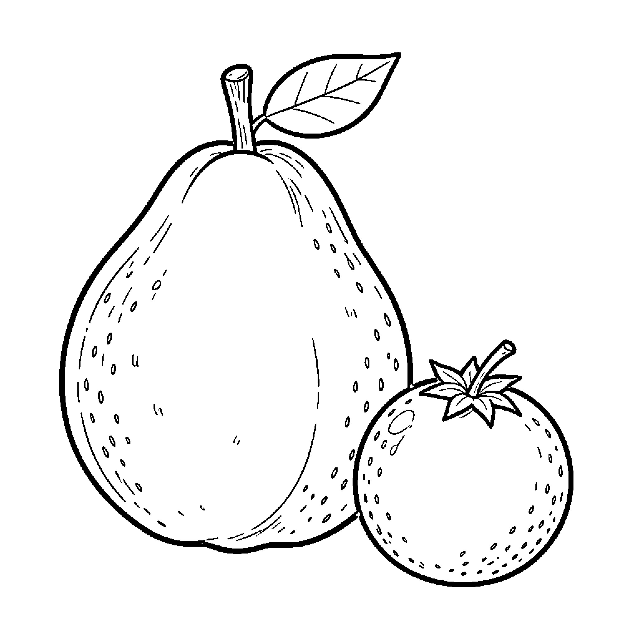 Fruit resting together with leaves and stems Coloring Page (free black-and-white line drawing printable PDF for all, from beginners to advanced learners, including children, teens, adults, and seniors)
