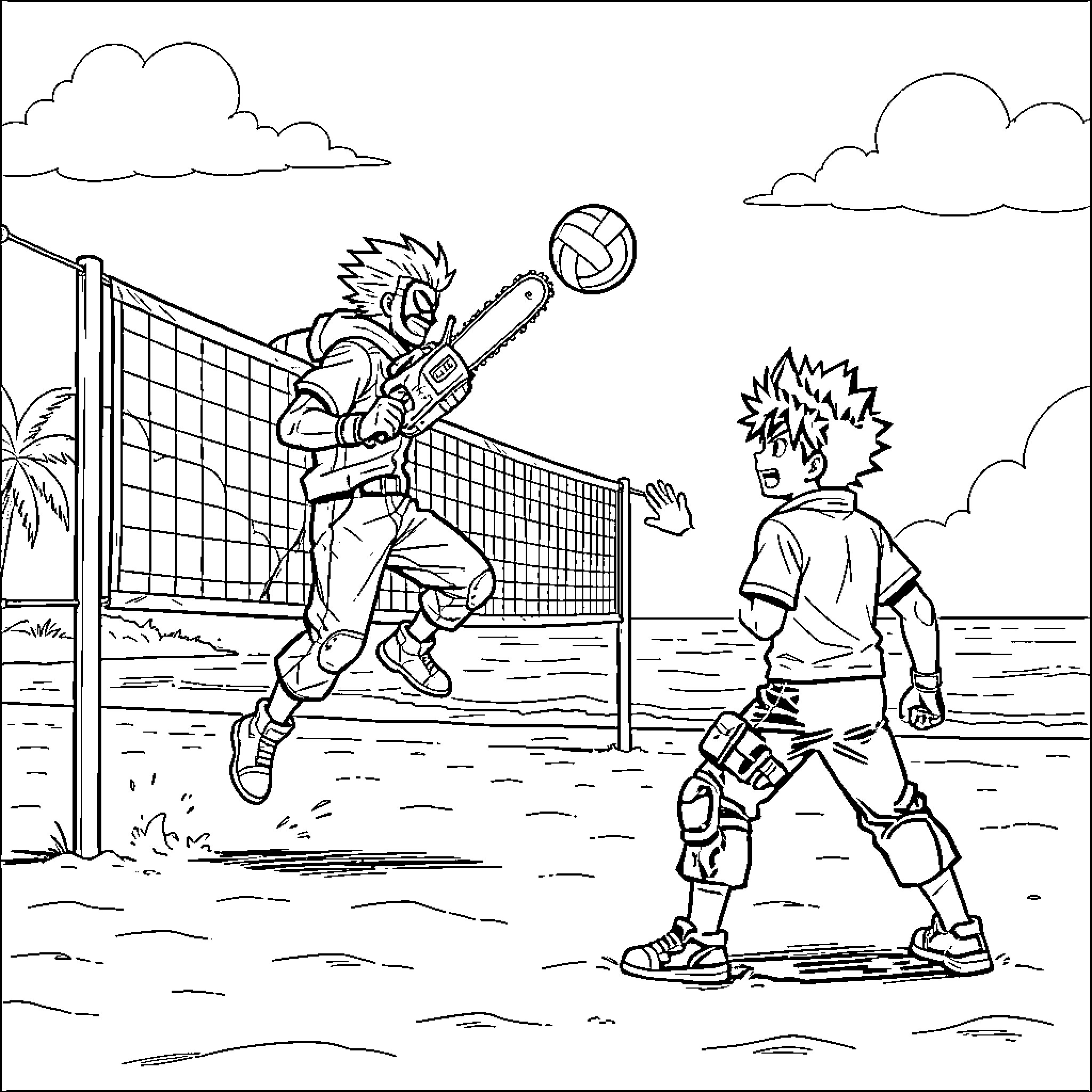 Chainsawman character jumping to hit a volleyball Coloring Page (free black-and-white line drawing printable PDF for all, from beginners to advanced learners, including children, teens, adults, and seniors)