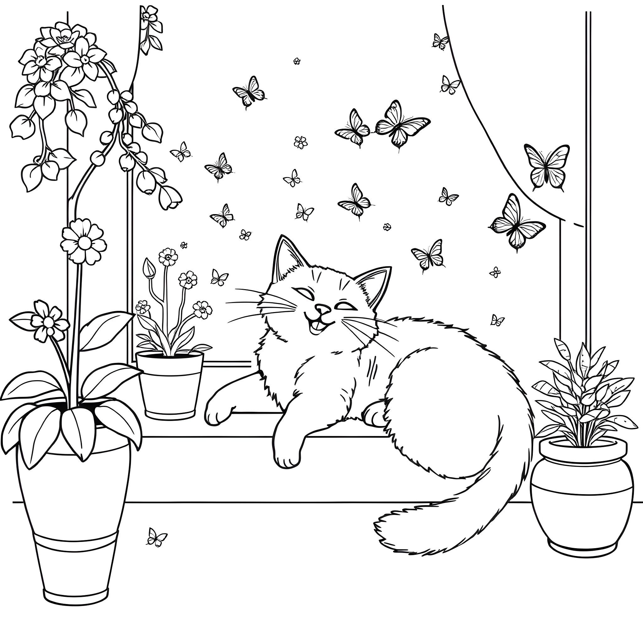 Cat relaxing among flowers and butterflies Coloring Page (free black-and-white line drawing printable PDF for all, from beginners to advanced learners, including children, teens, adults, and seniors)