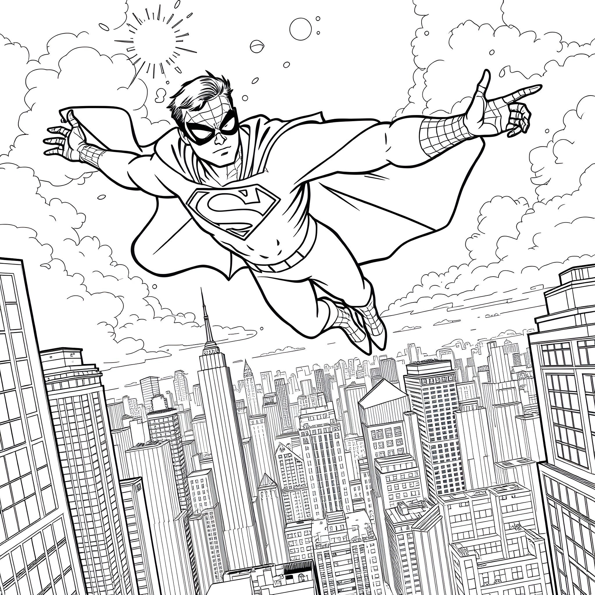 Superman flying heroically over the city Coloring Page (free black-and-white line drawing printable PDF for all, from beginners to advanced learners, including children, teens, adults, and seniors)