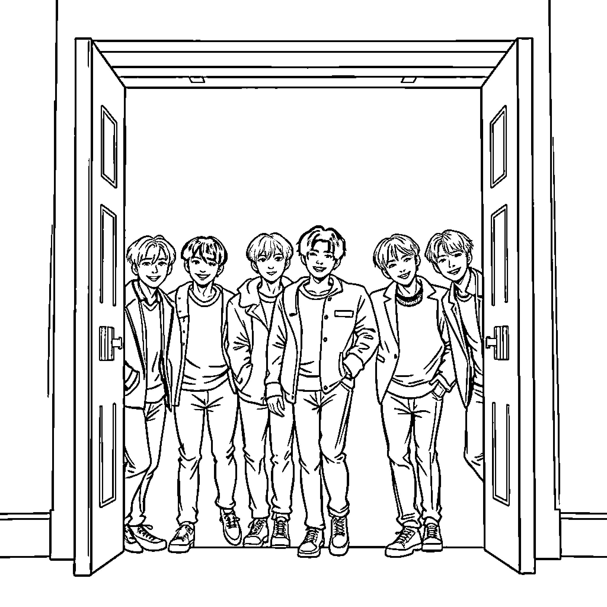 BTS Members Posing Together in Casual Outfits Coloring Page (free black-and-white line drawing printable PDF for all, from beginners to advanced learners, including children, teens, adults, and seniors)