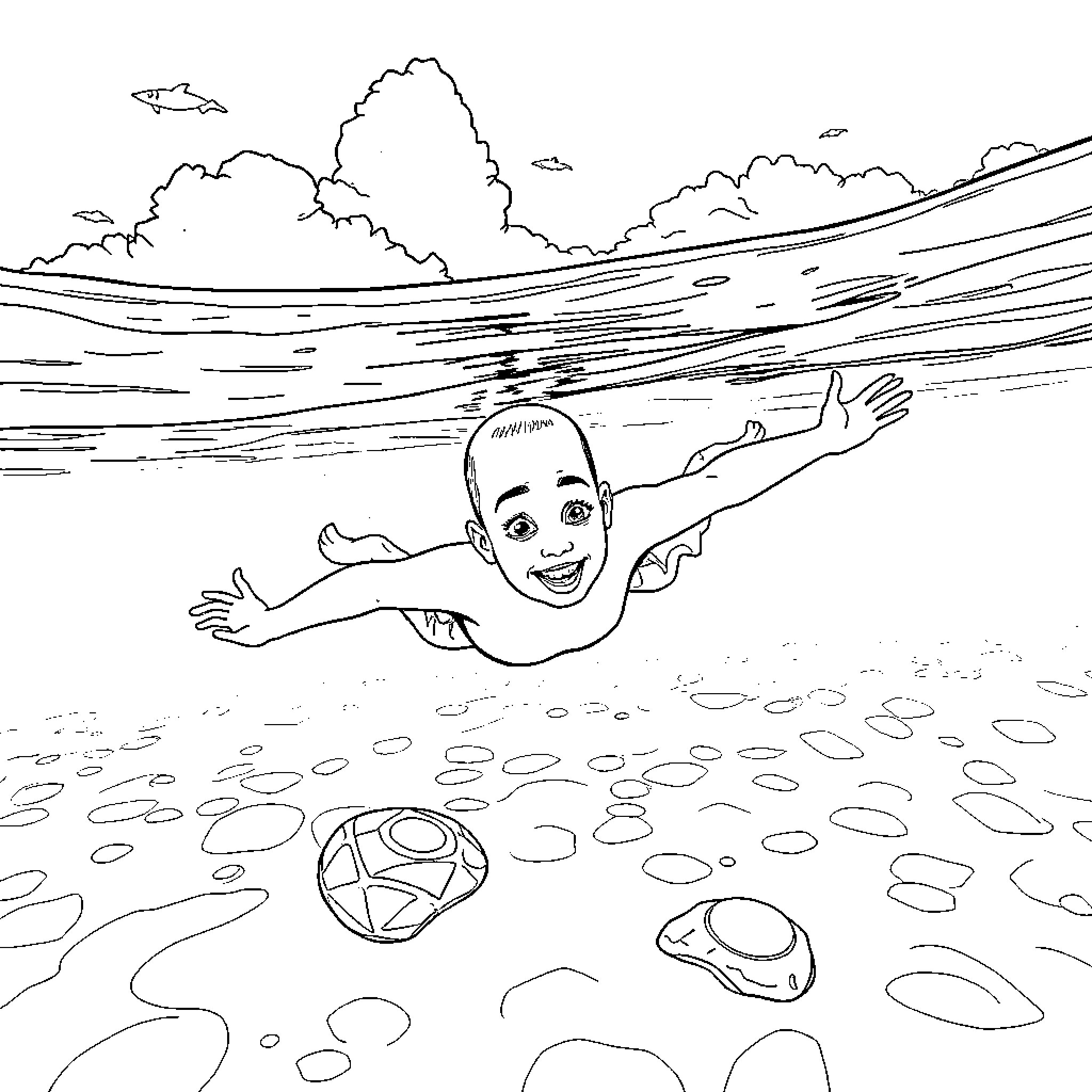 Abiy Ahmed swimming happily in the lake Coloring Page (free black-and-white line drawing printable PDF for all, from beginners to advanced learners, including children, teens, adults, and seniors)