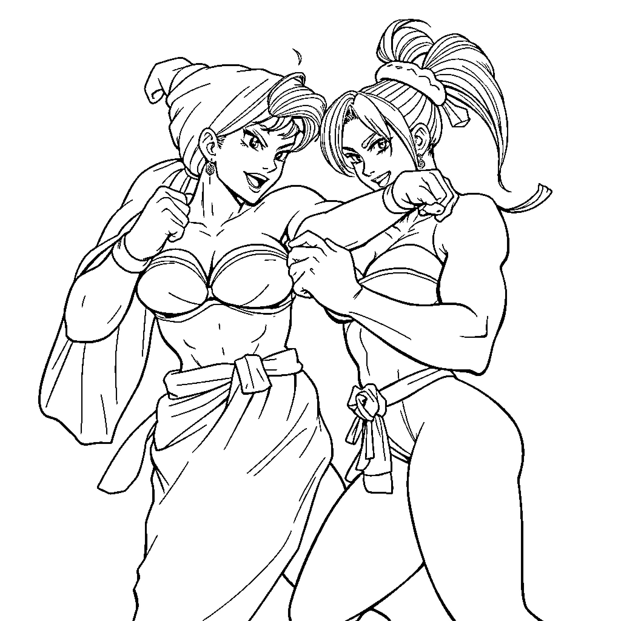 Chun Li and Juri in fierce combat Coloring Page (free black-and-white line drawing printable PDF for all, from beginners to advanced learners, including children, teens, adults, and seniors)