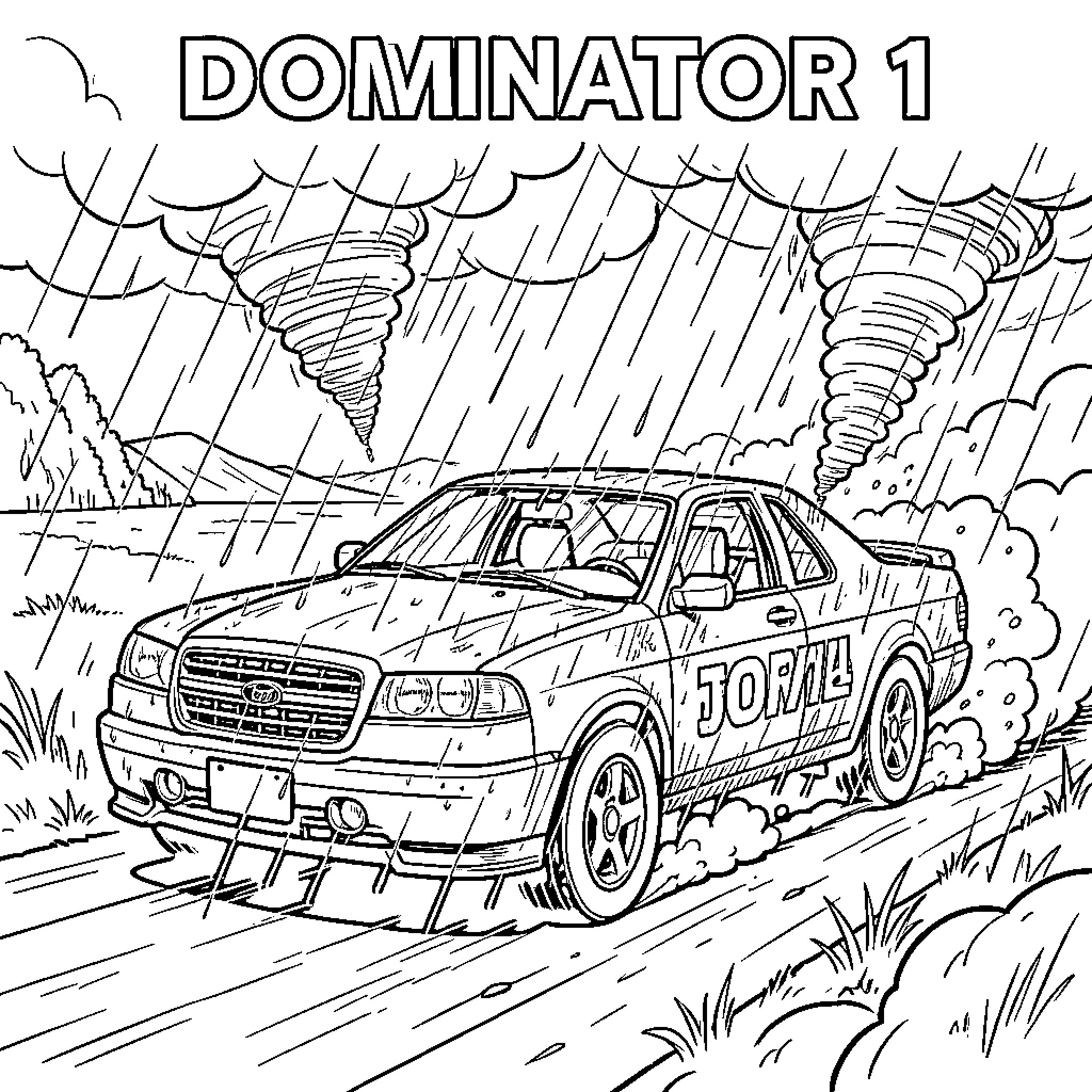 Storm Chaser driving a vehicle through intense tornadoes Coloring Page (free black-and-white line drawing printable PDF for all, from beginners to advanced learners, including children, teens, adults, and seniors)